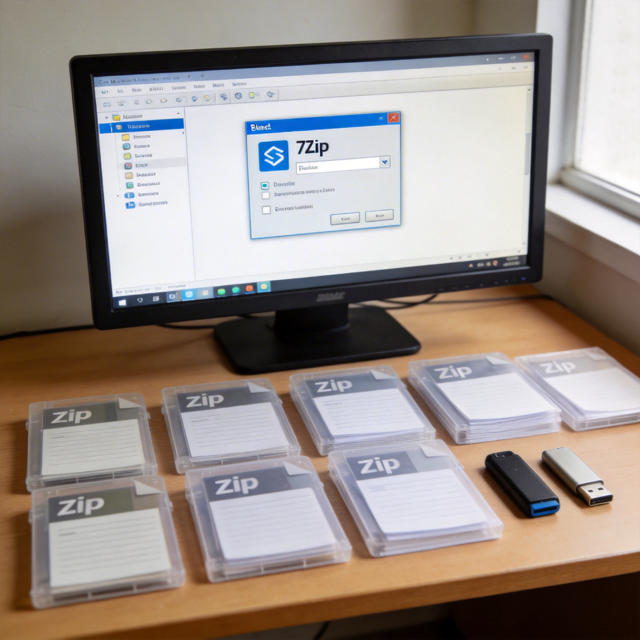 电脑桌的桌面，屏幕显示7Zip右键菜单界面，桌面上放着多个zip分卷压缩包和U盘，室内自然光