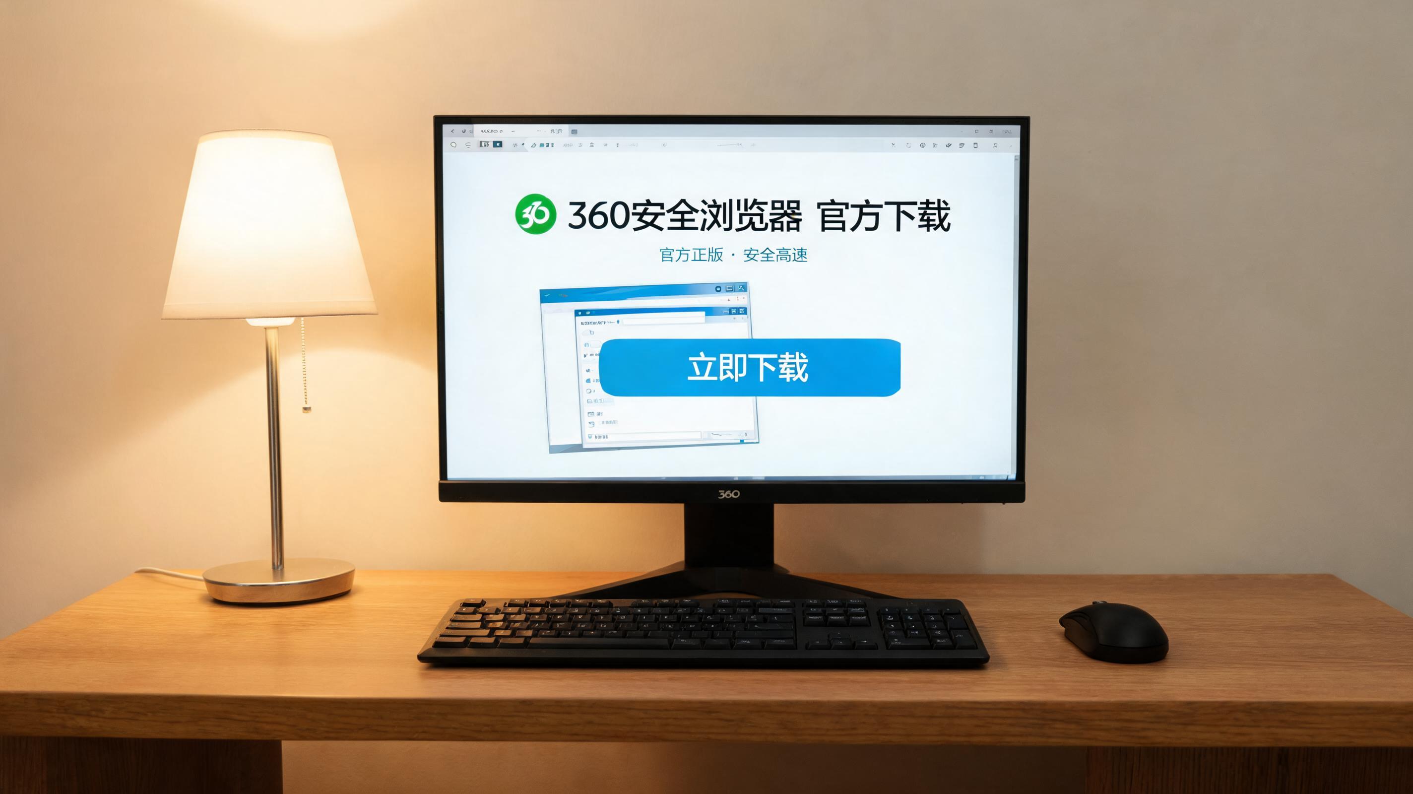 电脑桌上的电脑，屏幕显示360 浏览器官方下载界面，旁边放着台灯