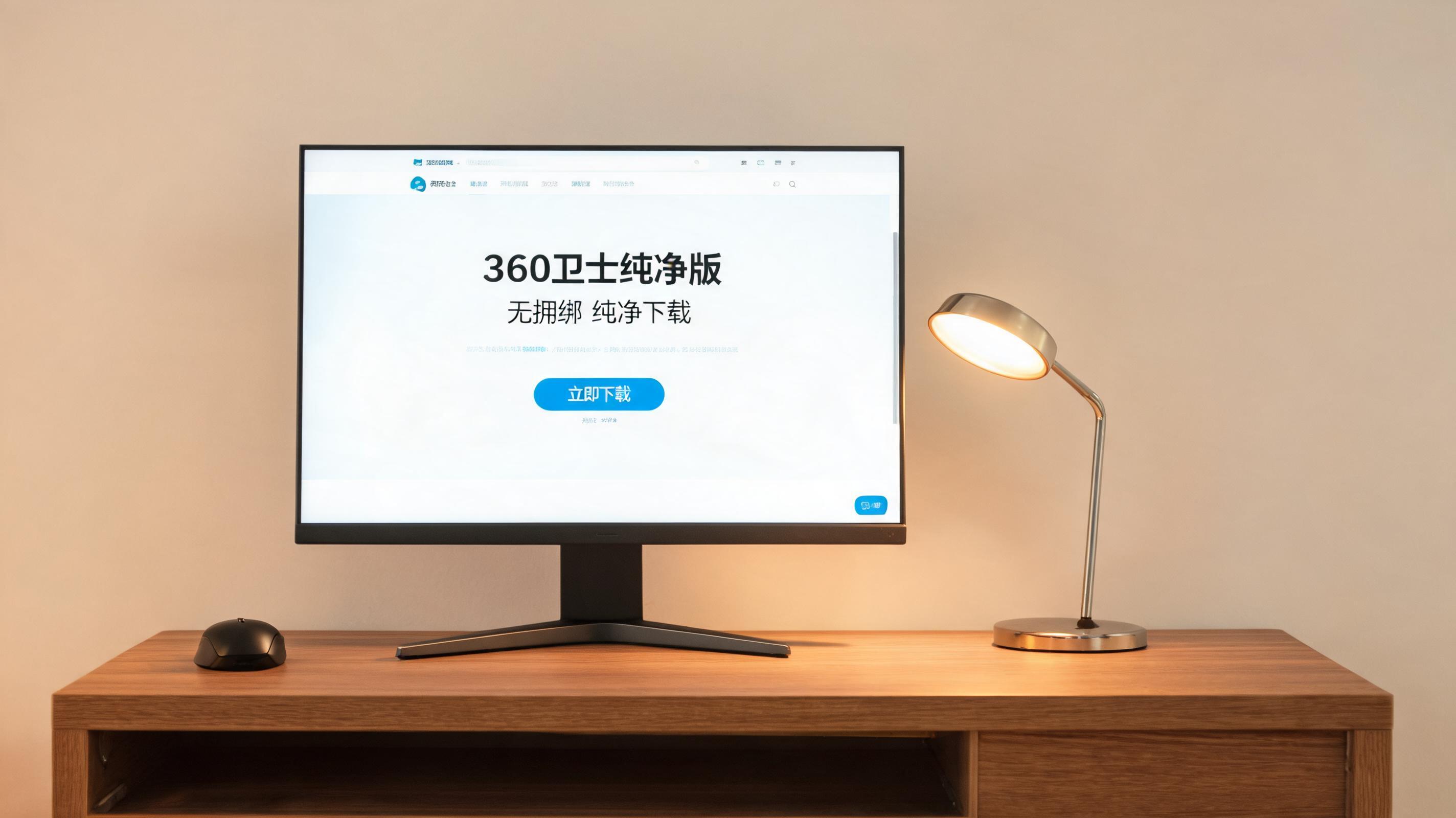 电脑桌上的电脑，屏幕显示360 卫士纯净版无捆绑下载桌面，旁边放着台灯