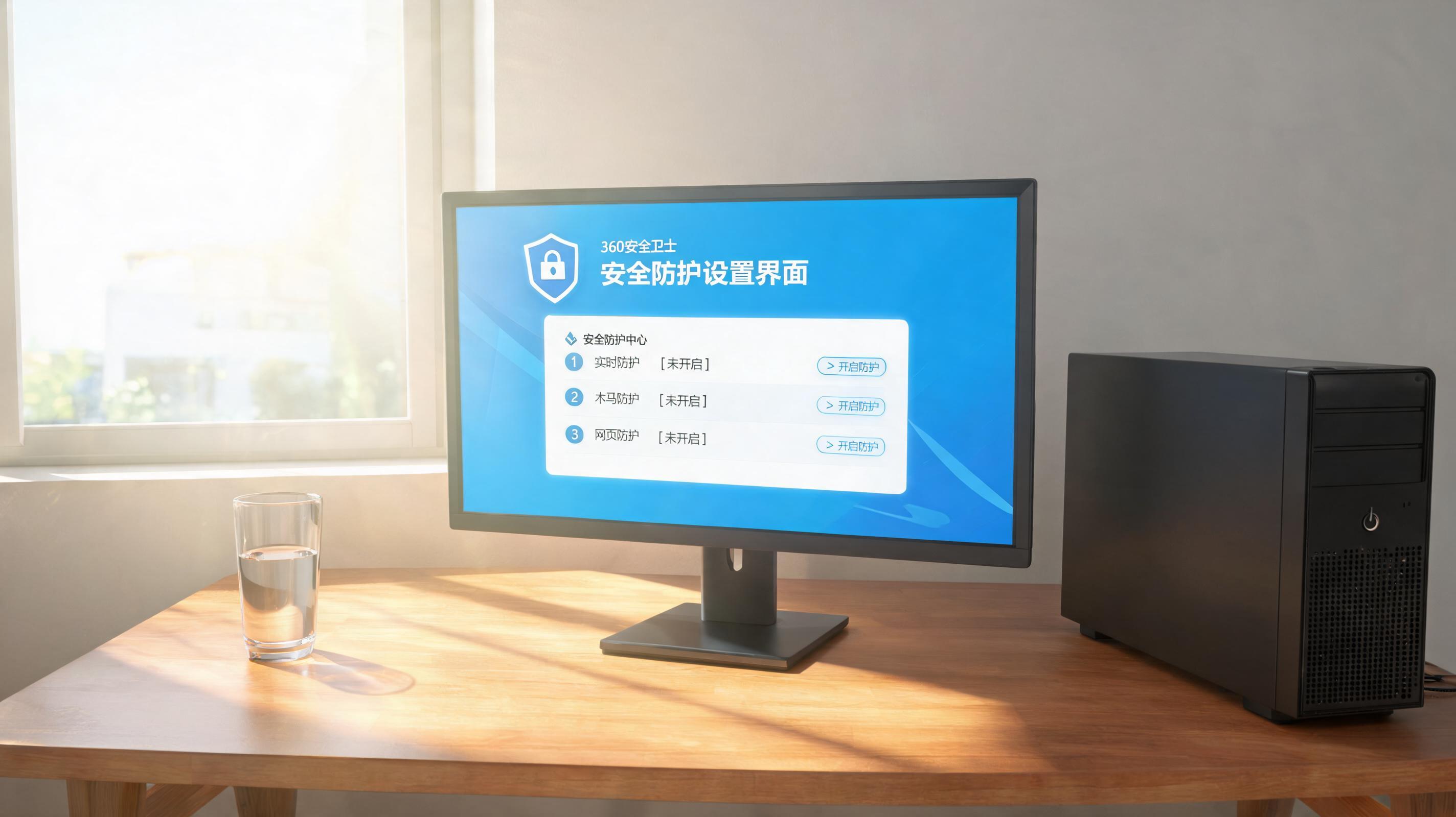 书桌上的主机，屏幕显示360 卫士怎么开启安全防护设置界面，桌角放着水杯，自然光