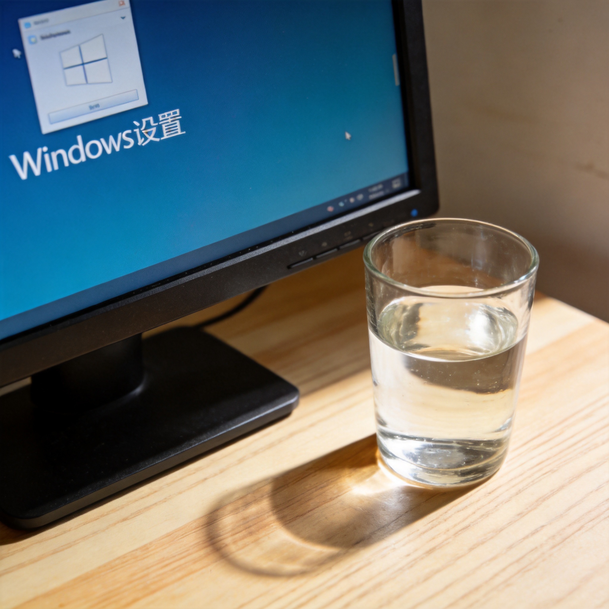 书桌上的电脑，屏幕显示Windows设置界面，桌角放着水杯，自然光