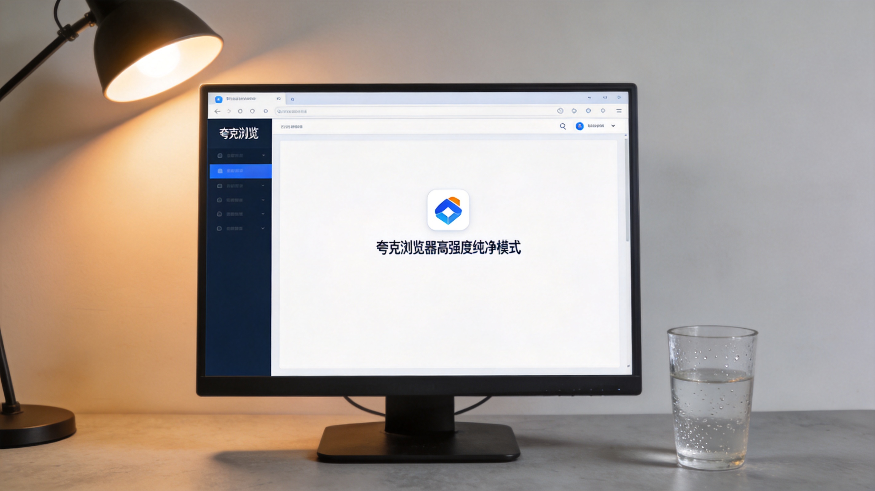 电脑屏幕显示夸克浏览器高强度纯净模式的网页浏览界面，页面无弹窗和横幅广告，旁边放着半杯凉白开，台灯暖光
