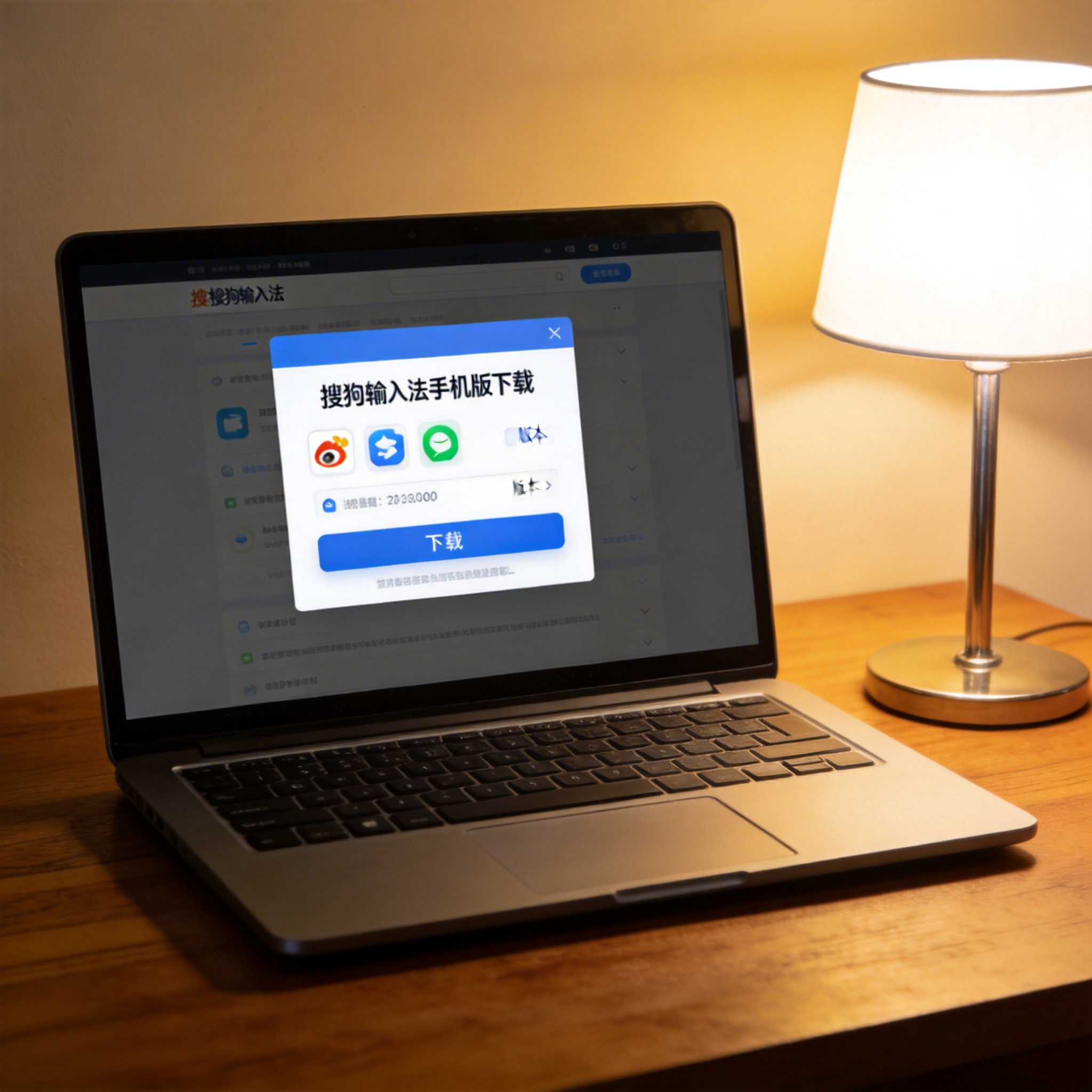 电脑桌上的电脑，屏幕显示搜狗输入法手机版下载界面，旁边放着台灯
