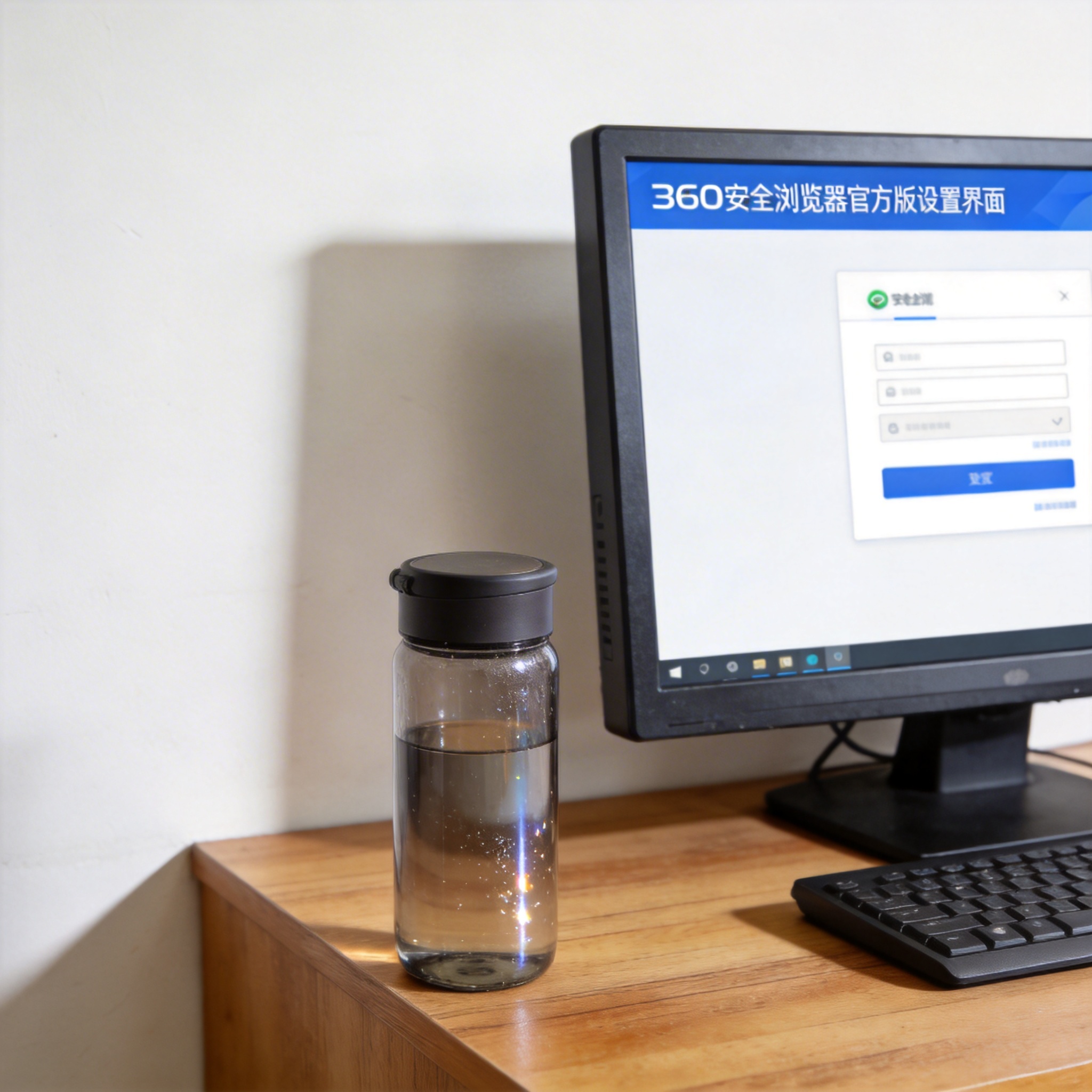 书桌上的主机，屏幕显示360 安全浏览器官方版设置界面，桌角放着水杯，自然光