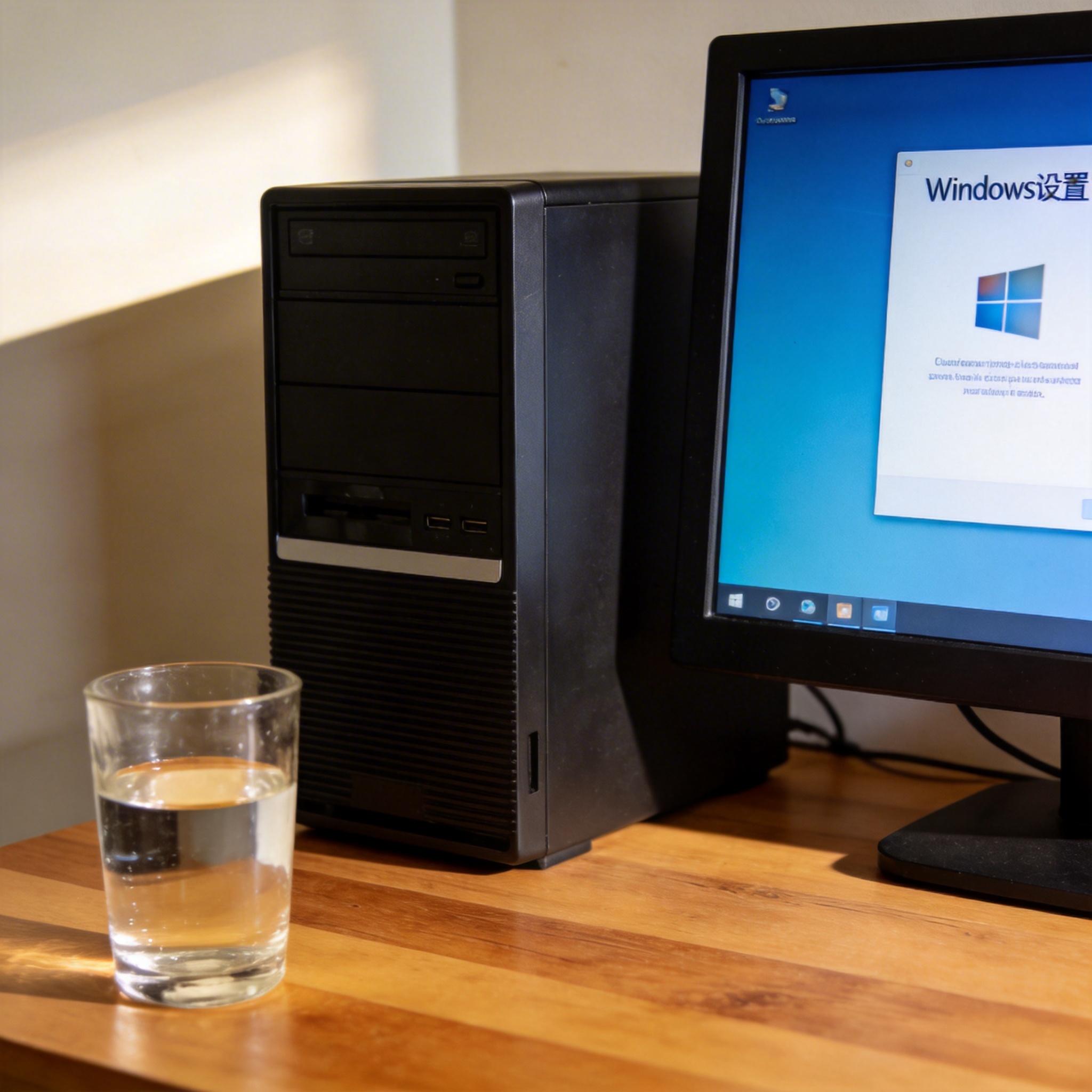 书桌上的主机，屏幕显示Windows设置界面，桌角放着水杯，自然光