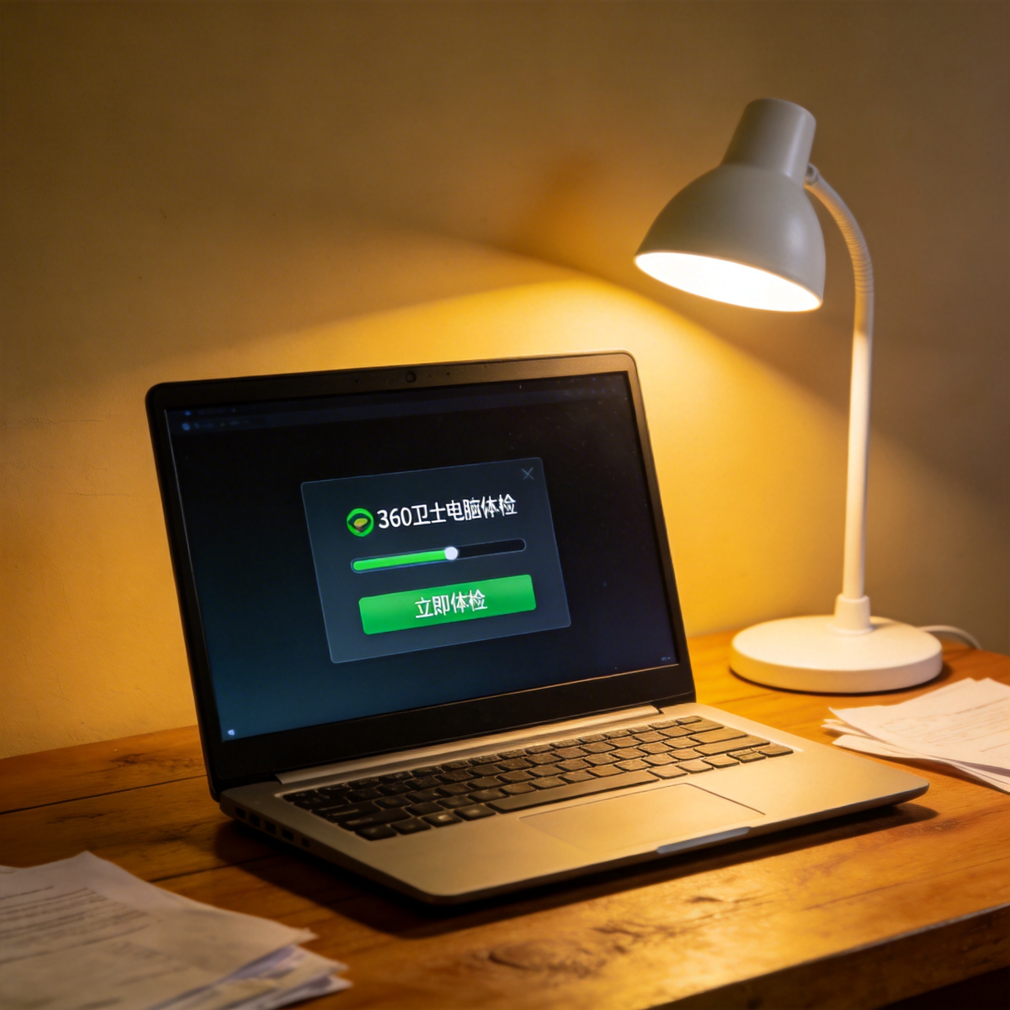 电脑桌上的电脑，屏幕显示360 卫士电脑体检功能界面，旁边放着台灯