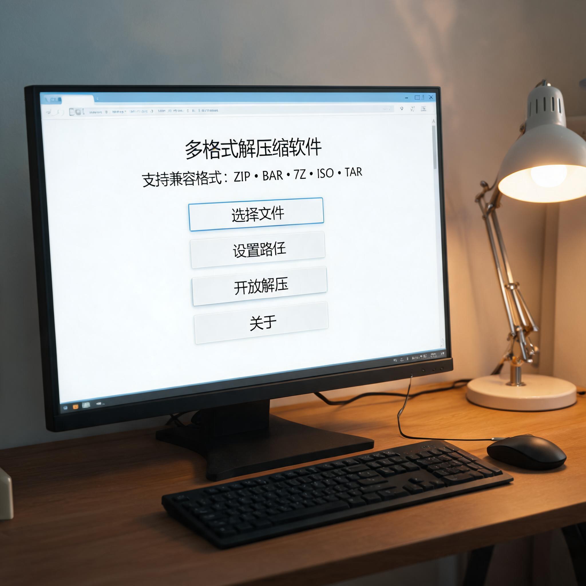 电脑桌上的电脑，屏幕显示多格式兼容解压缩软件菜单，旁边放着台灯
