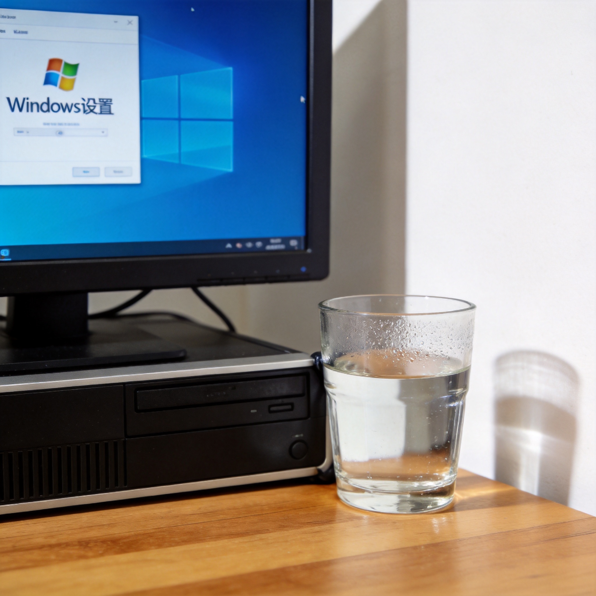 书桌上的主机，屏幕显示Windows设置界面，桌角放着水杯，自然光
