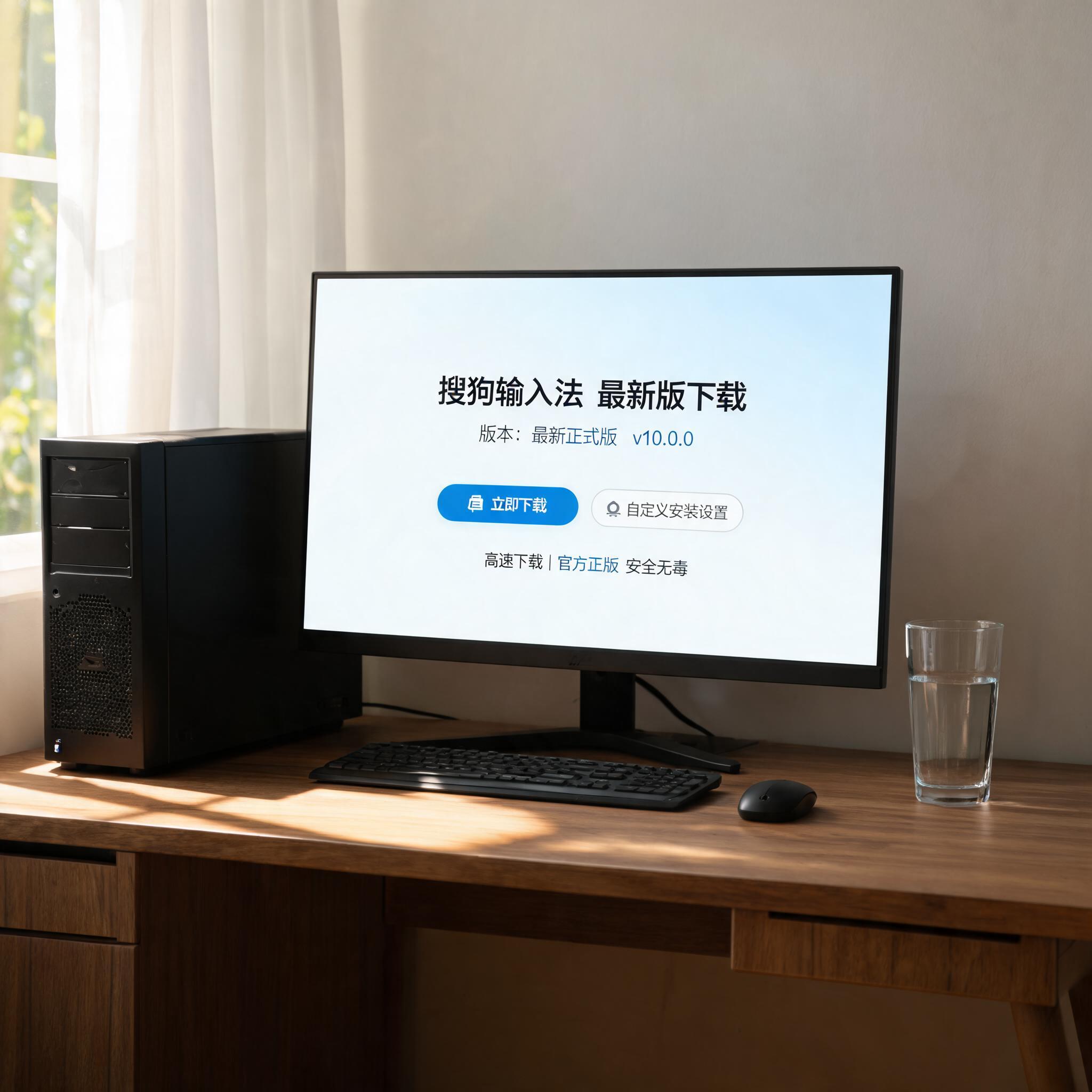 书桌上的主机，屏幕显示搜狗输入法最新版下载设置界面，桌角放着水杯，自然光