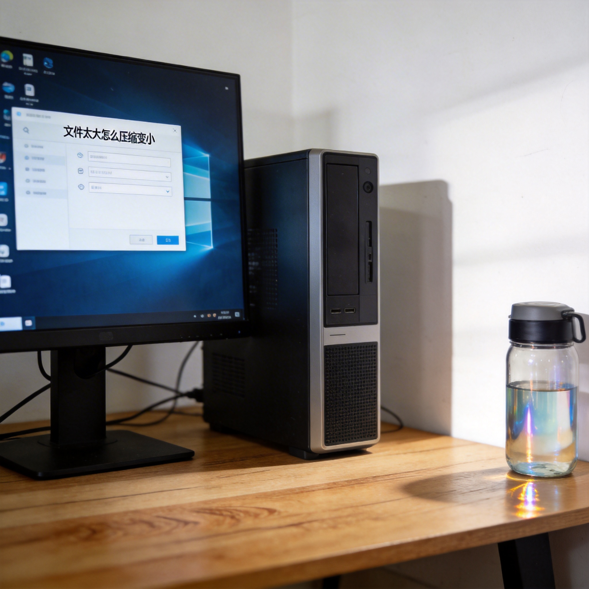 书桌上的主机，屏幕显示文件太大怎么压缩变小设置界面，桌角放着水杯，自然光