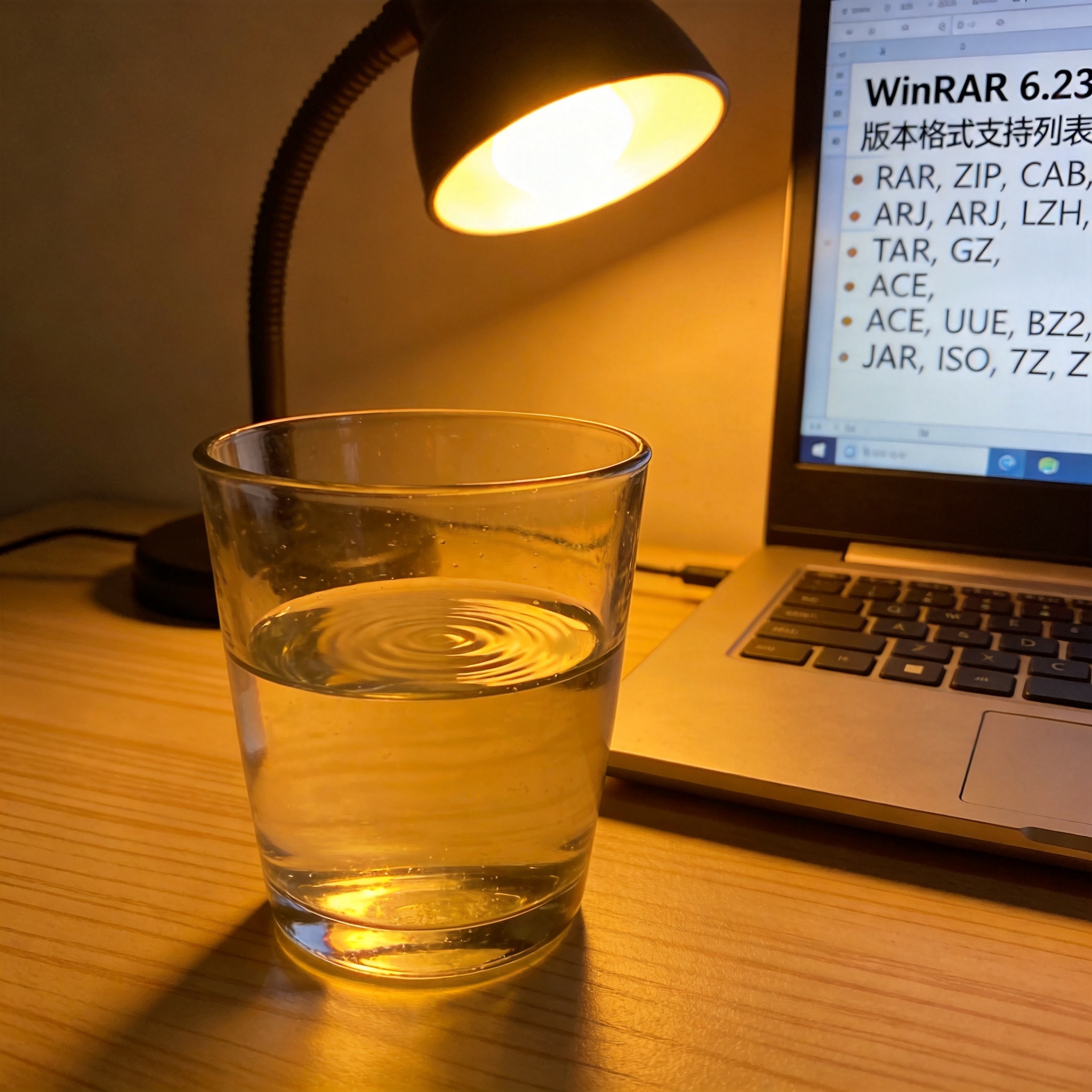 办公桌面的电脑，屏幕显示WinRAR 6.23版本的格式支持列表，旁边摆着半杯温水，台灯暖光