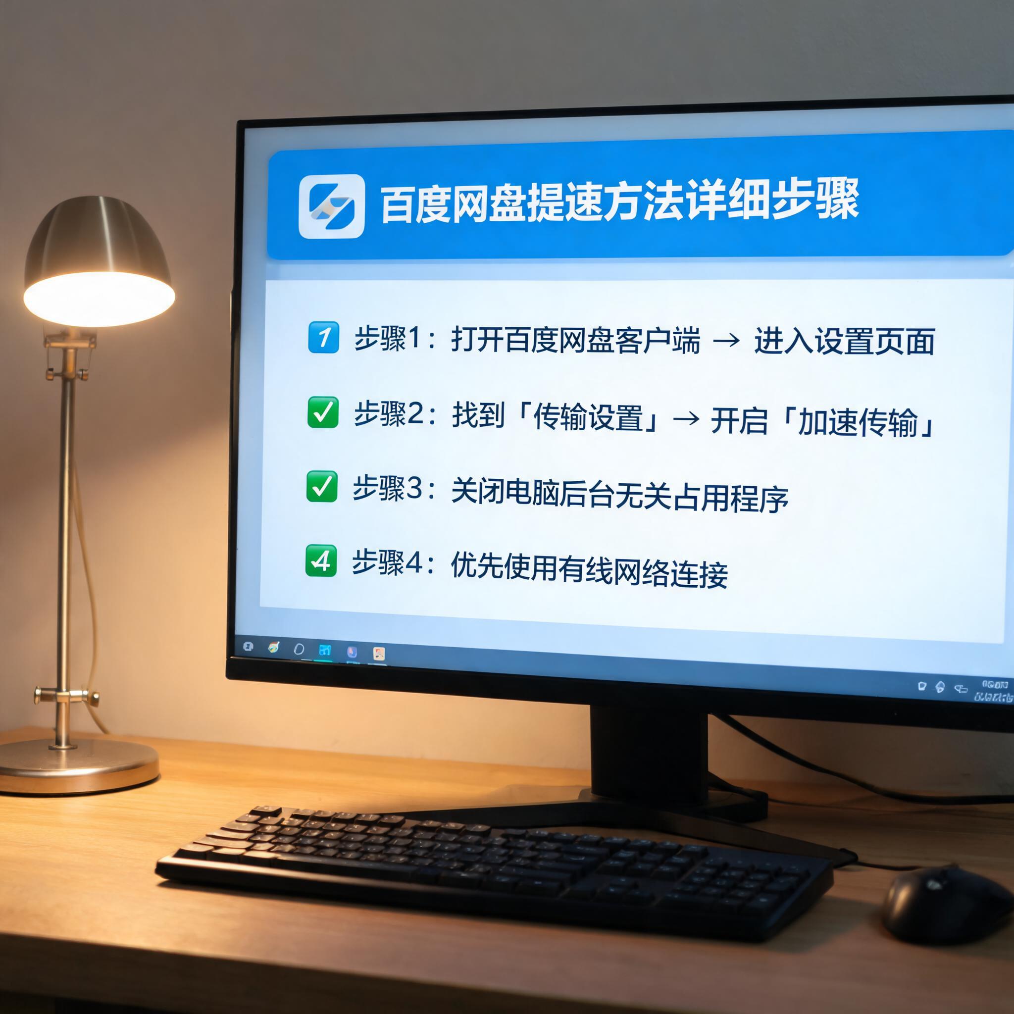 电脑桌上的电脑，屏幕显示百度网盘提速方法详细步骤界面，旁边放着台灯