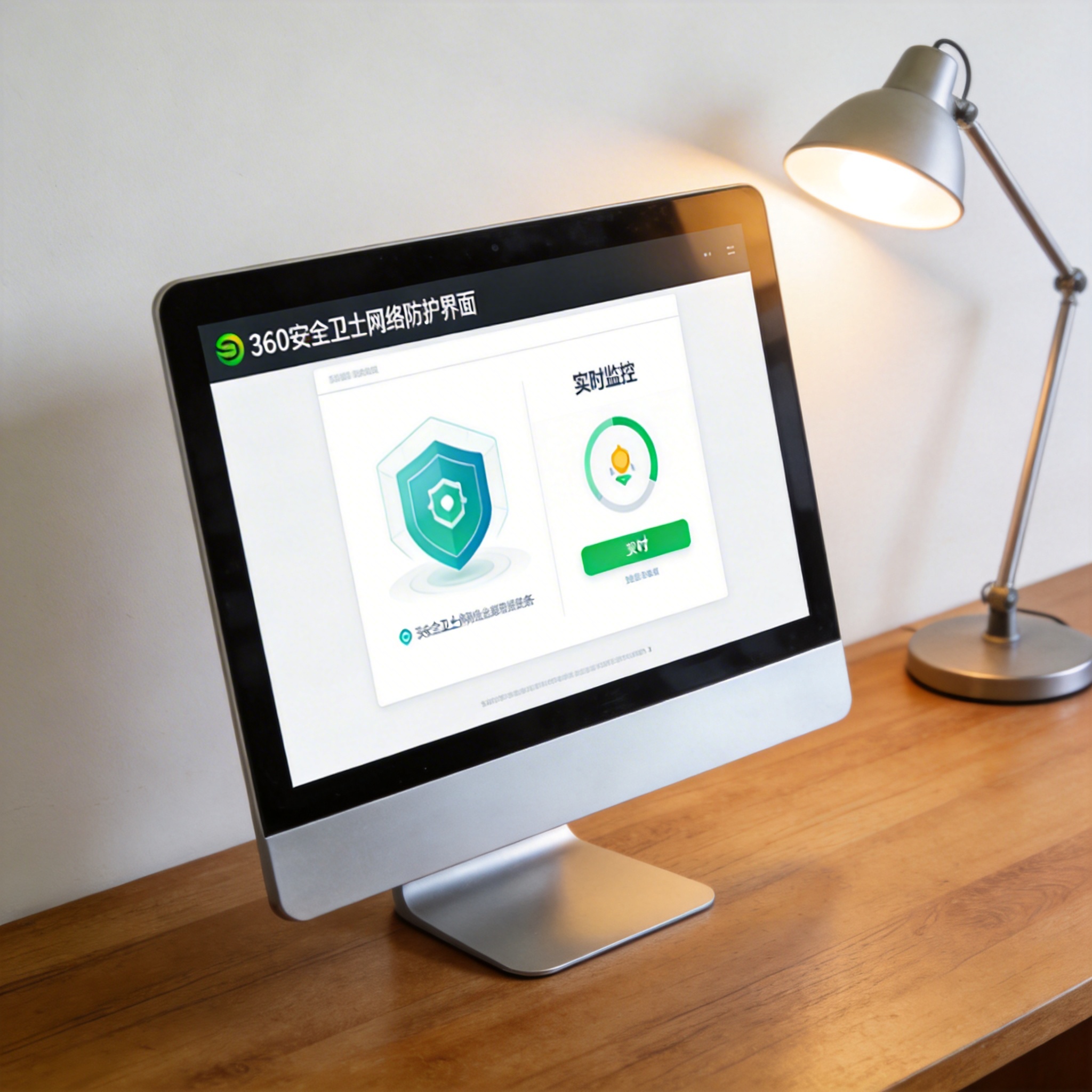 电脑桌上的电脑，屏幕显示360 安全卫士网络防护界面，旁边放着台灯
