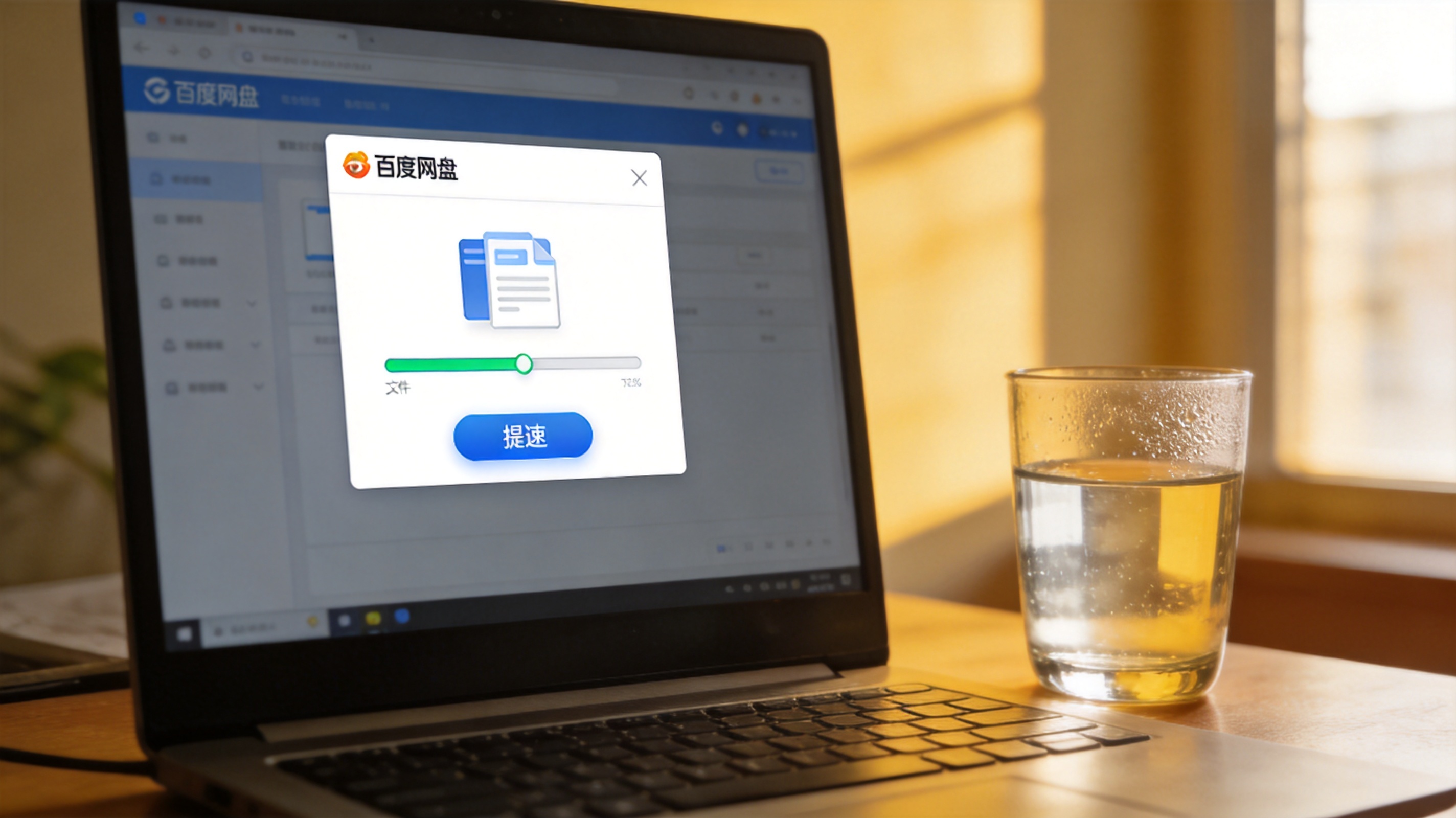 电脑桌面，屏幕显示百度网盘客户端界面，正在下载文件，下方有“提速”按钮，旁边放着半杯温水，室内自然光