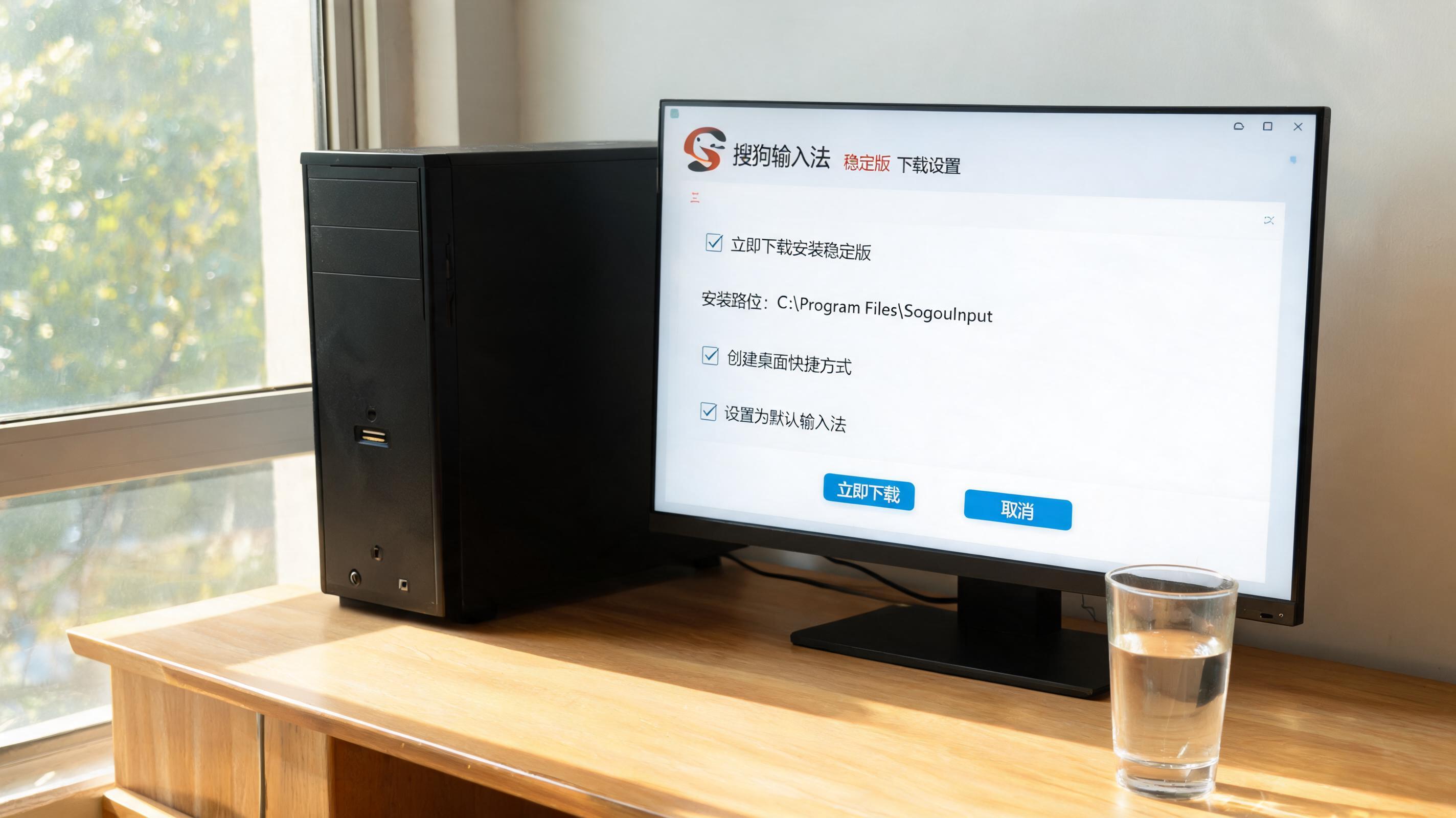 书桌上的主机，屏幕显示搜狗输入法稳定版下载设置界面，桌角放着水杯，自然光