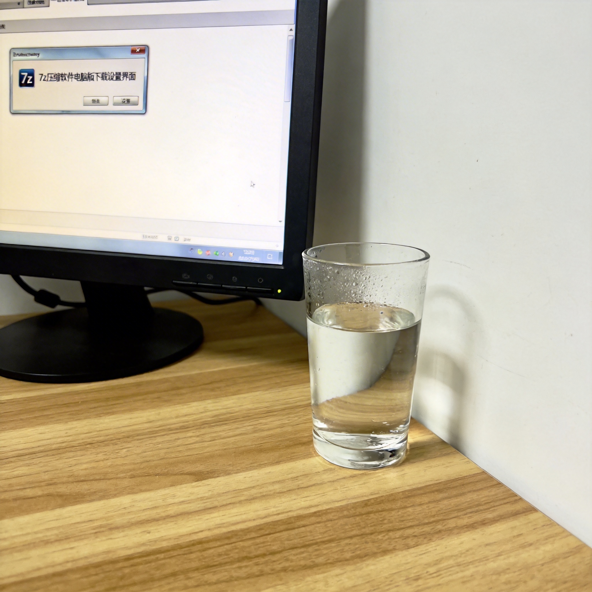 书桌上的主机，屏幕显示7z 压缩软件电脑版下载设置界面，桌角放着水杯，自然光