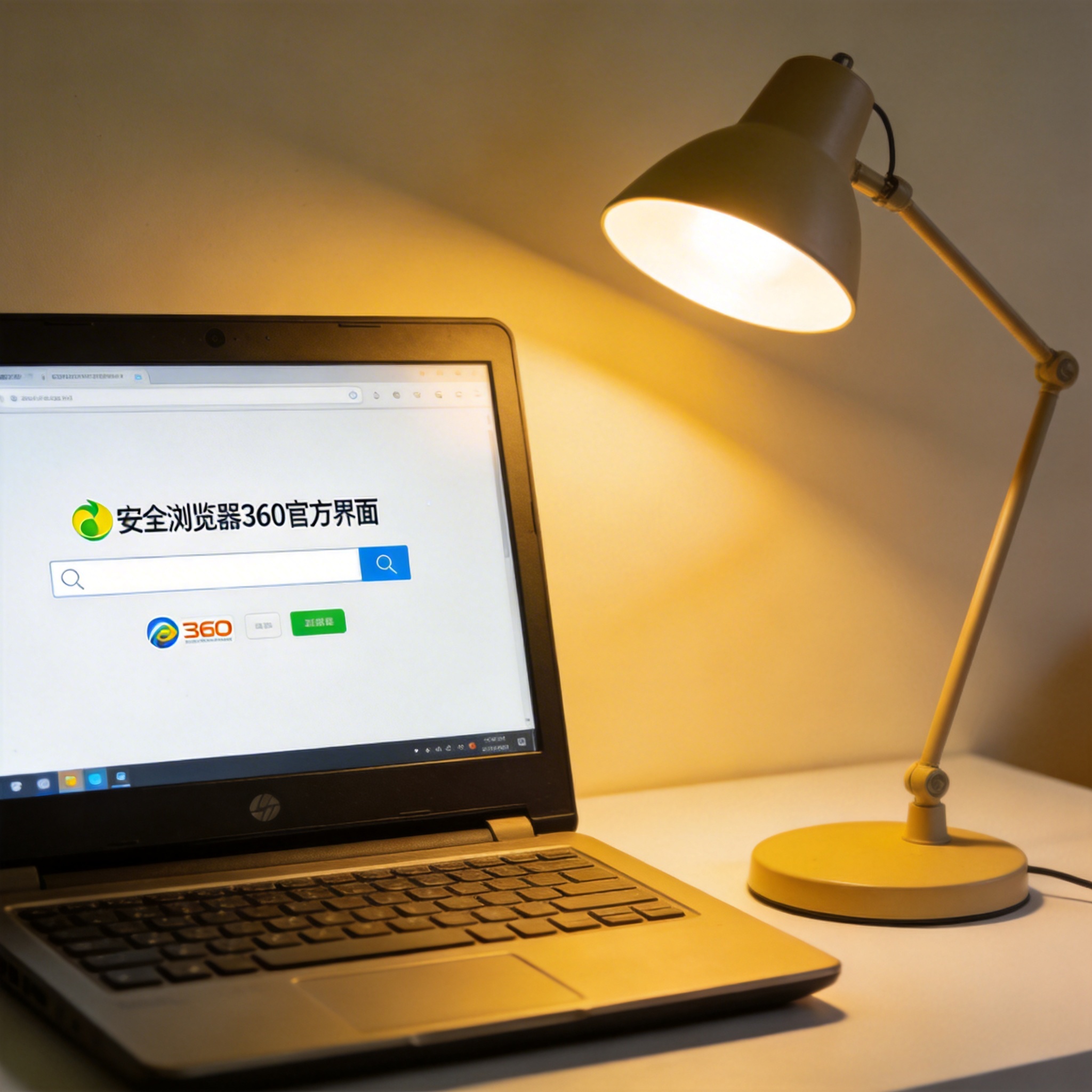电脑桌上的电脑，屏幕显示安全浏览器 360 官方界面，旁边放着台灯