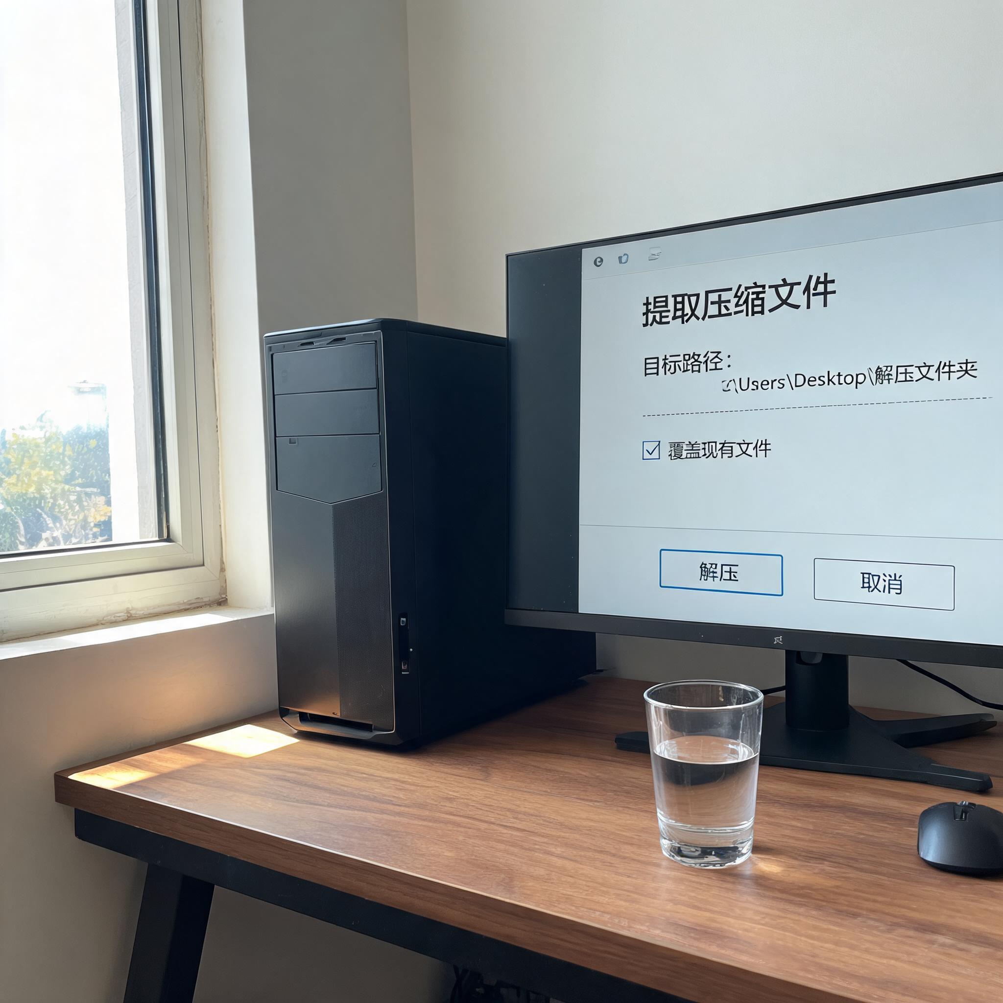 书桌上的主机，屏幕显示解压缩设置界面，桌角放着水杯，自然光