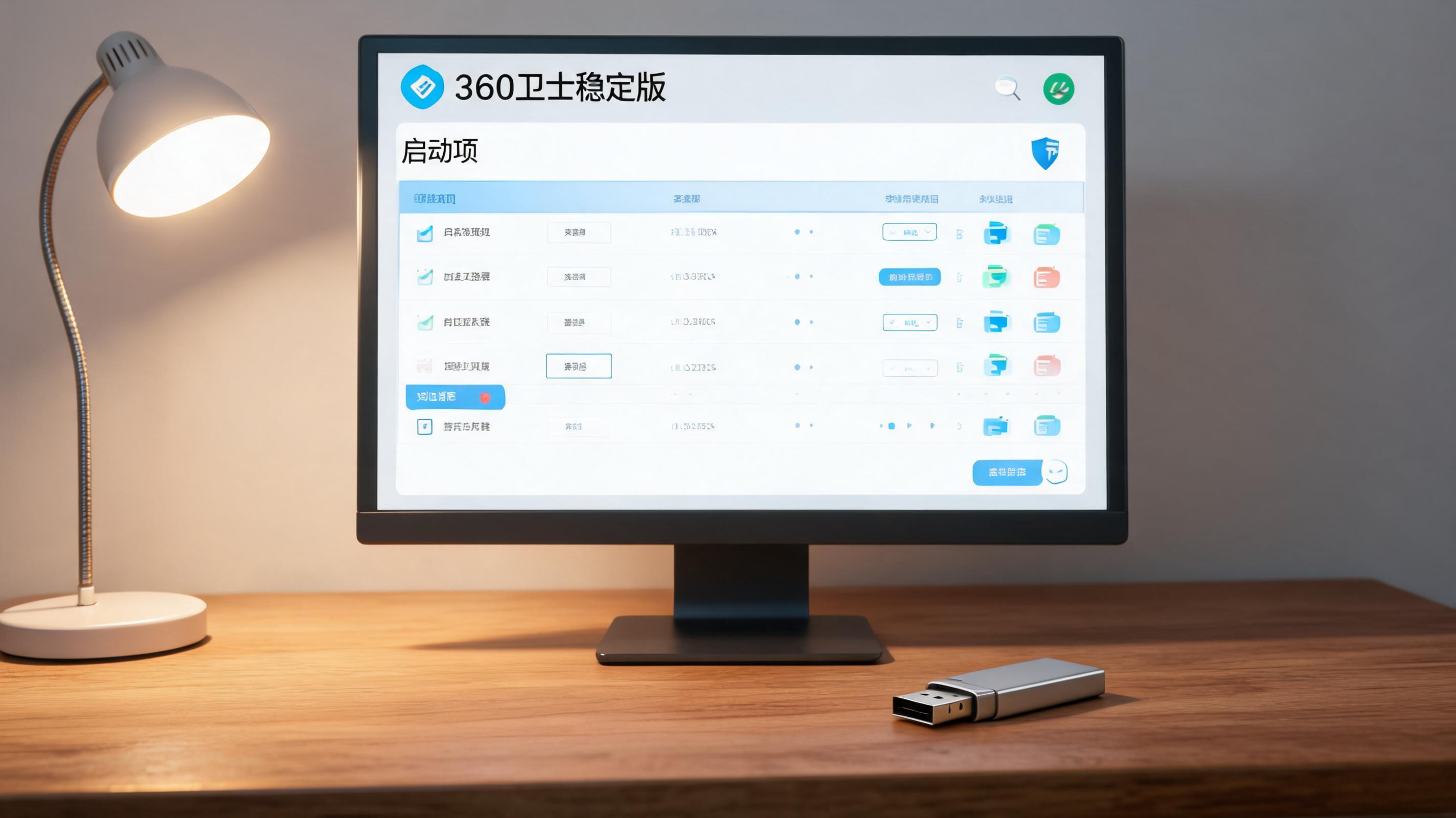 电脑桌上的U盘，屏幕显示360 卫士稳定版启动项，旁边放着台灯