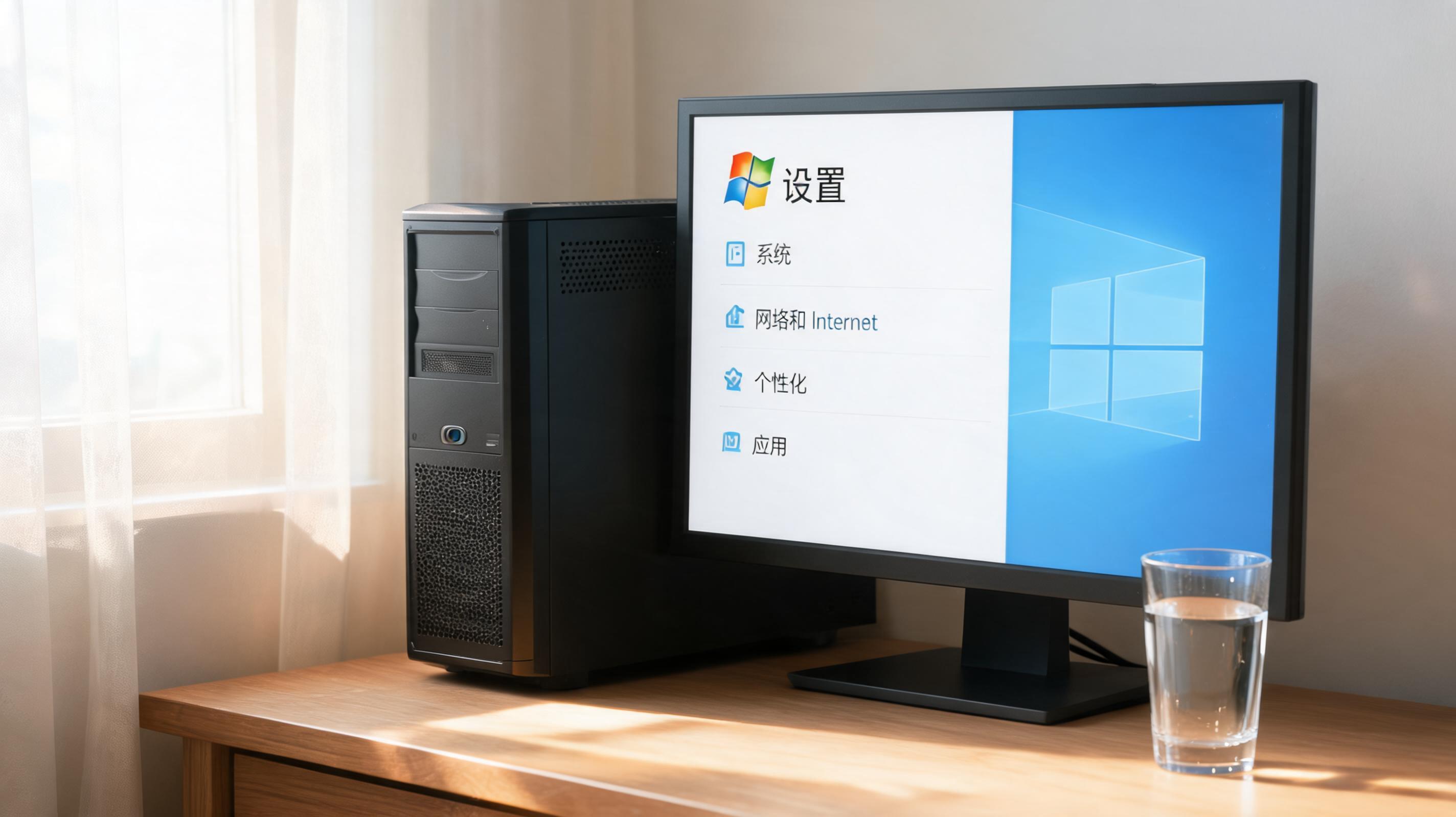 书桌上的主机，屏幕显示Windows设置界面，桌角放着水杯，自然光