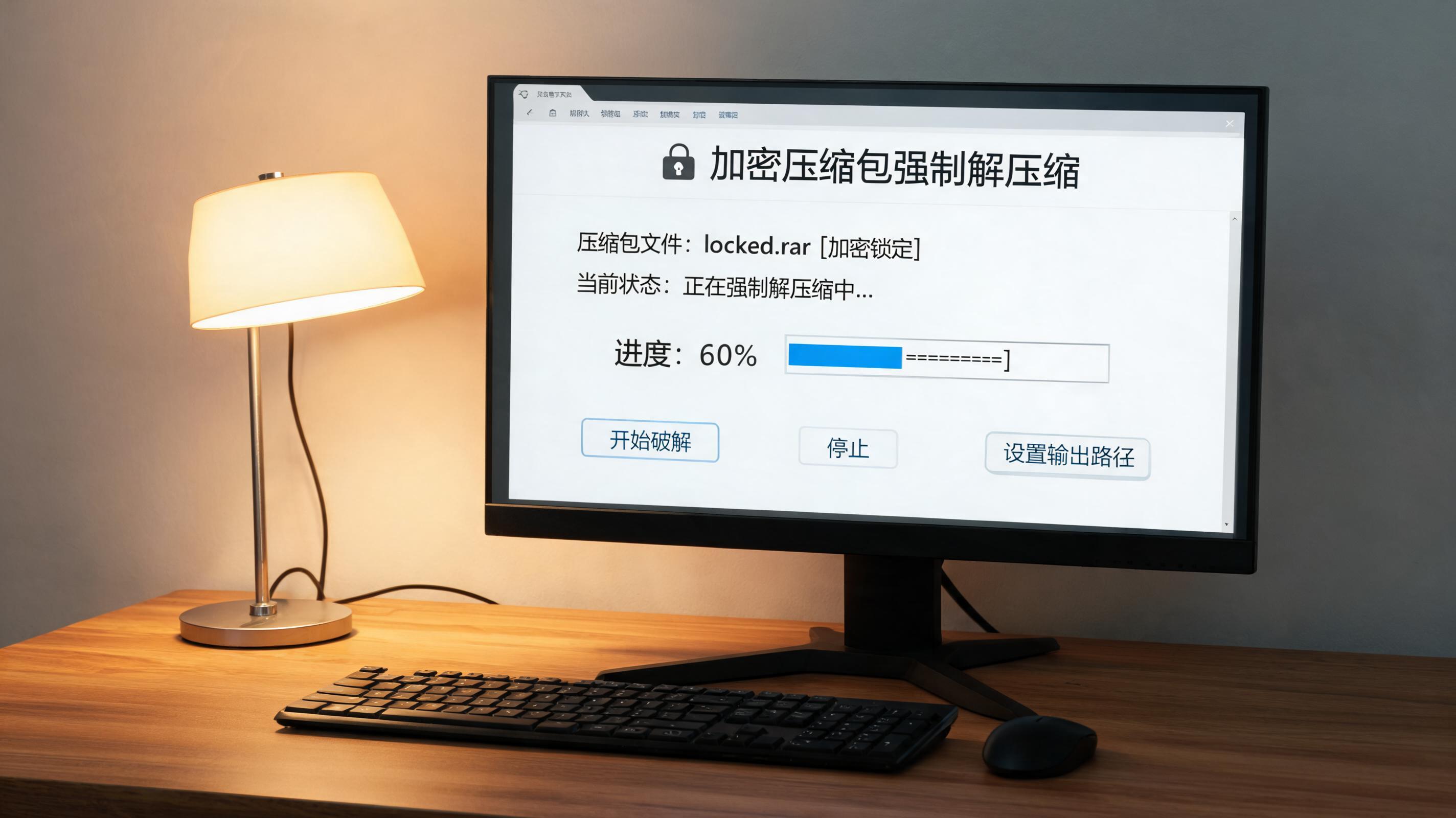 电脑桌上的电脑，屏幕显示加密压缩包强制解压缩界面，旁边放着台灯