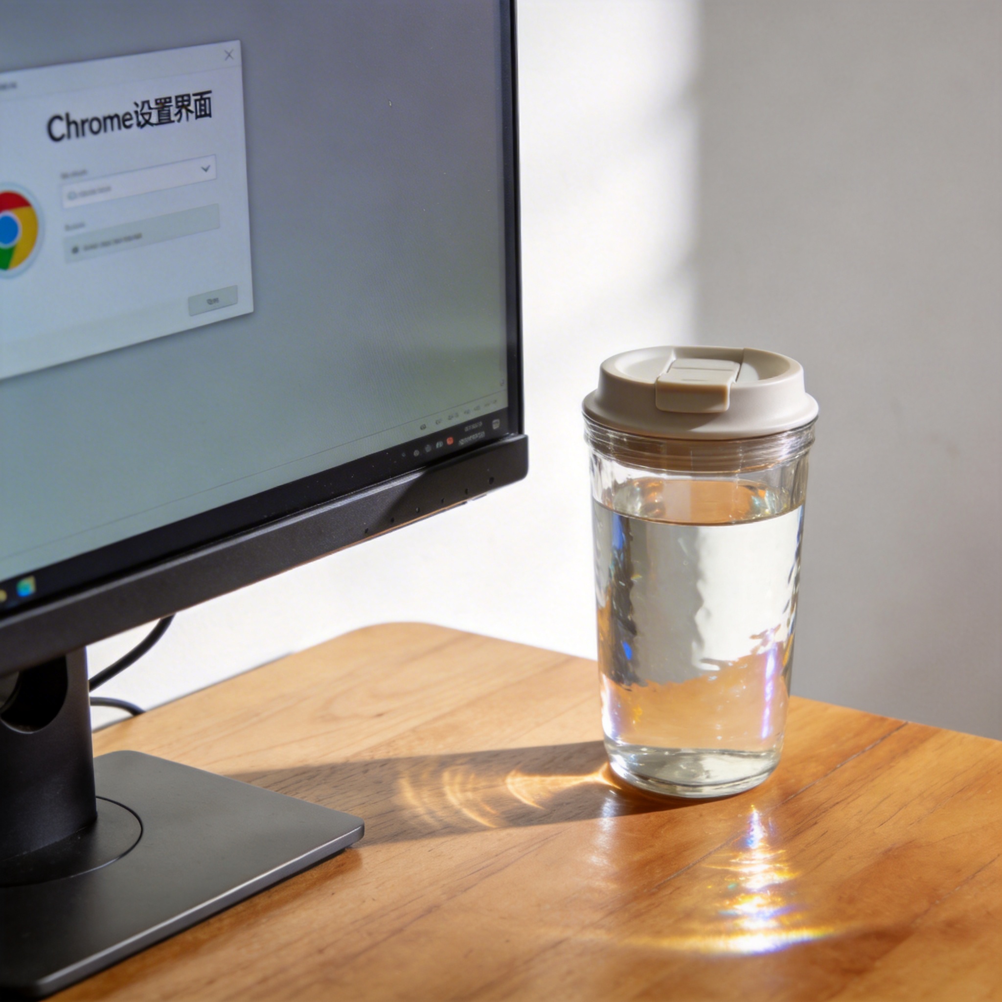 书桌上的主机，屏幕显示Chrome设置界面，桌角放着水杯，自然光