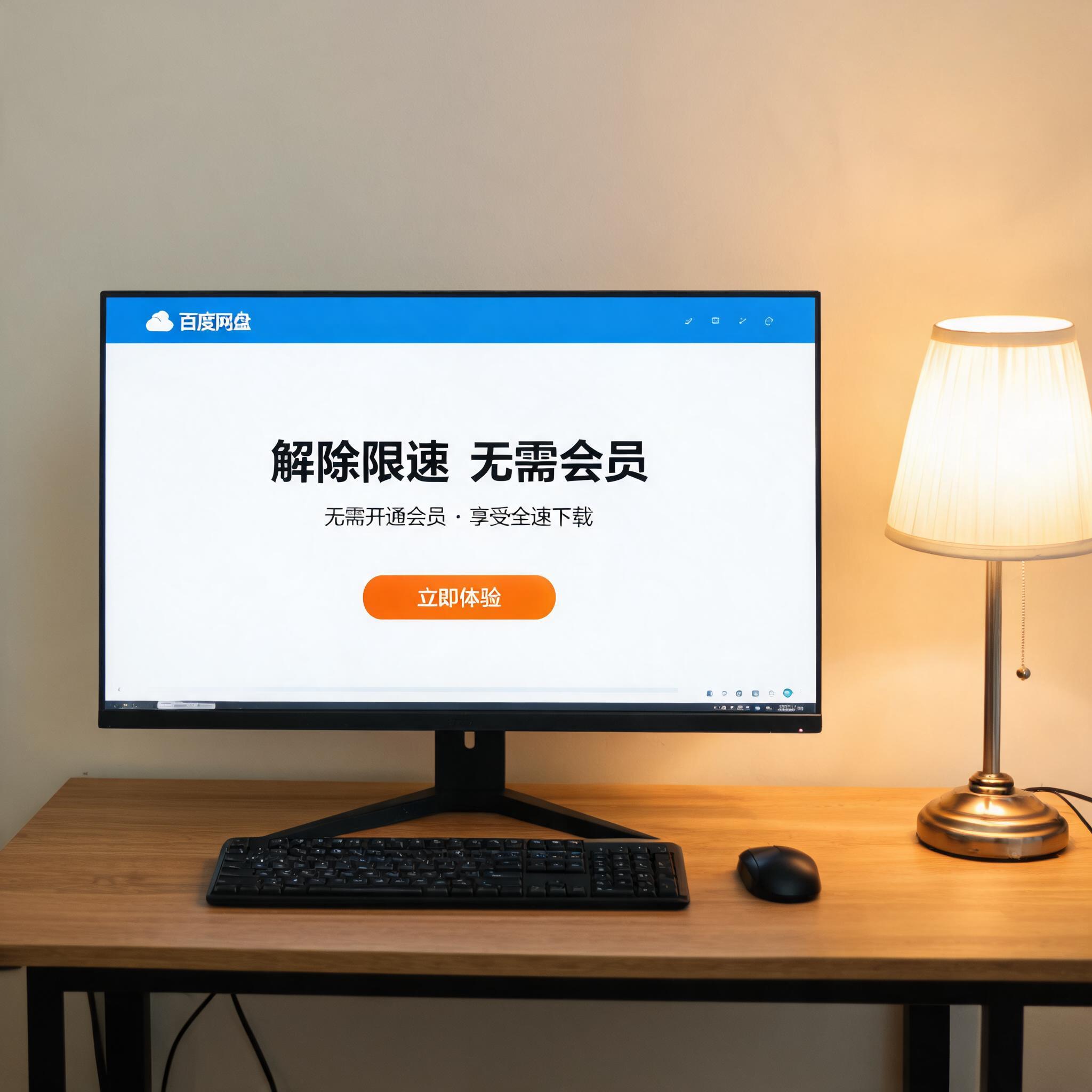 电脑桌上的电脑，屏幕显示百度网盘解除限速无需会员界面，旁边放着台灯