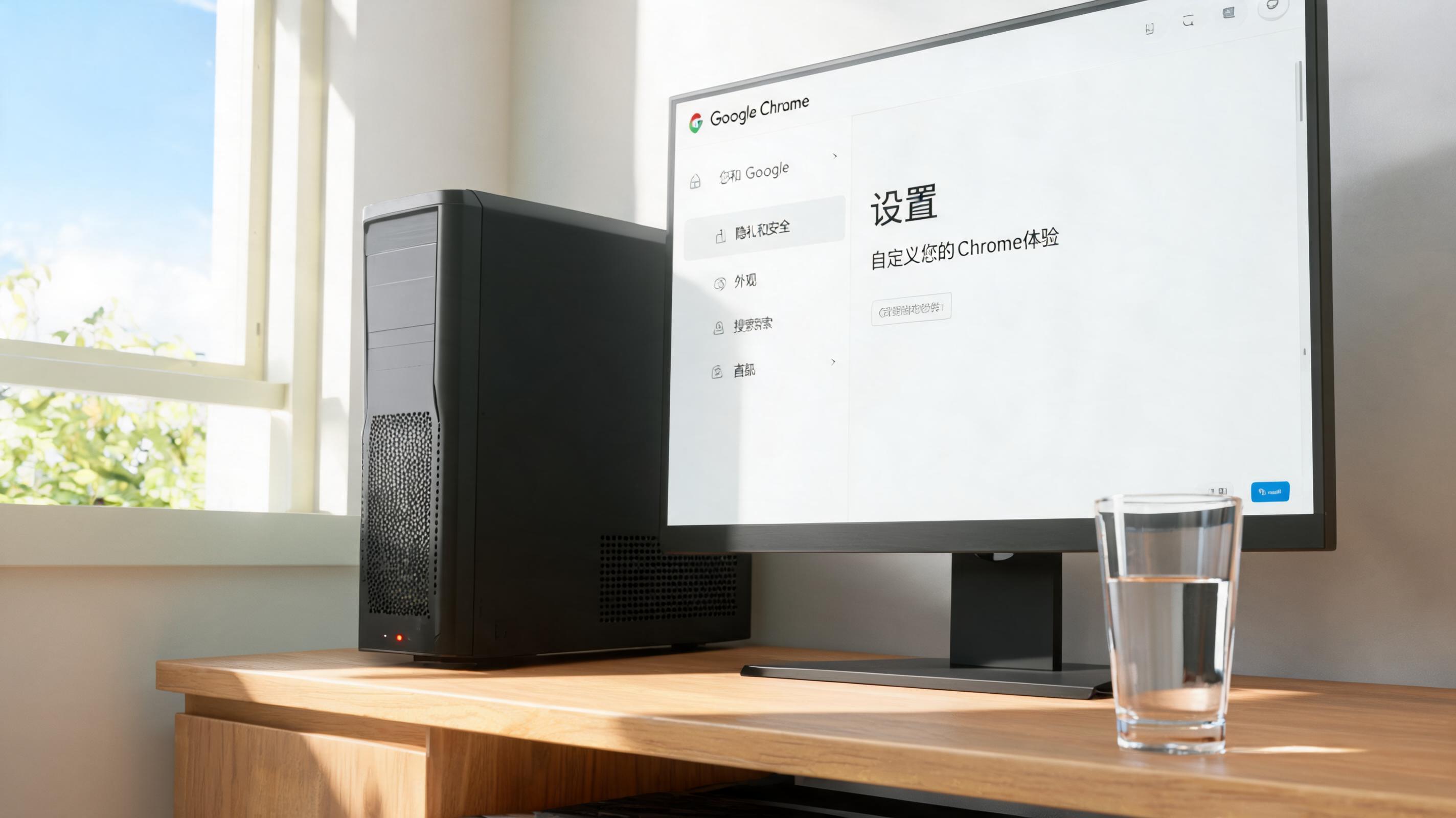 书桌上的主机，屏幕显示谷歌浏览器设置界面，桌角放着水杯，自然光