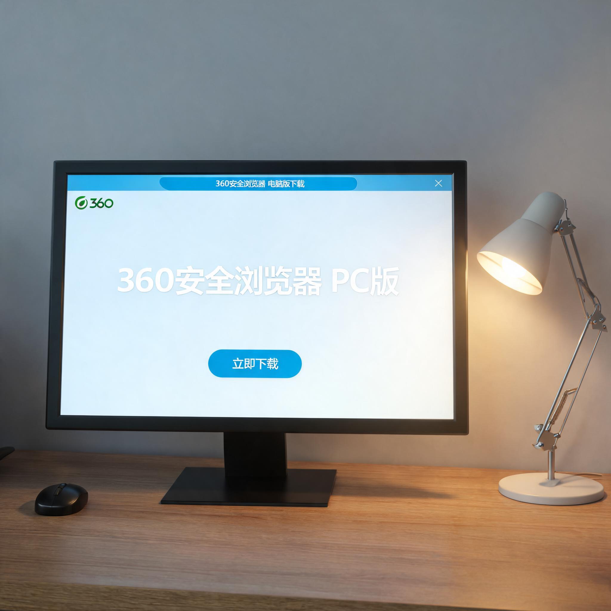 电脑桌上的电脑，屏幕显示360 安全浏览器电脑版下载界面，旁边放着台灯