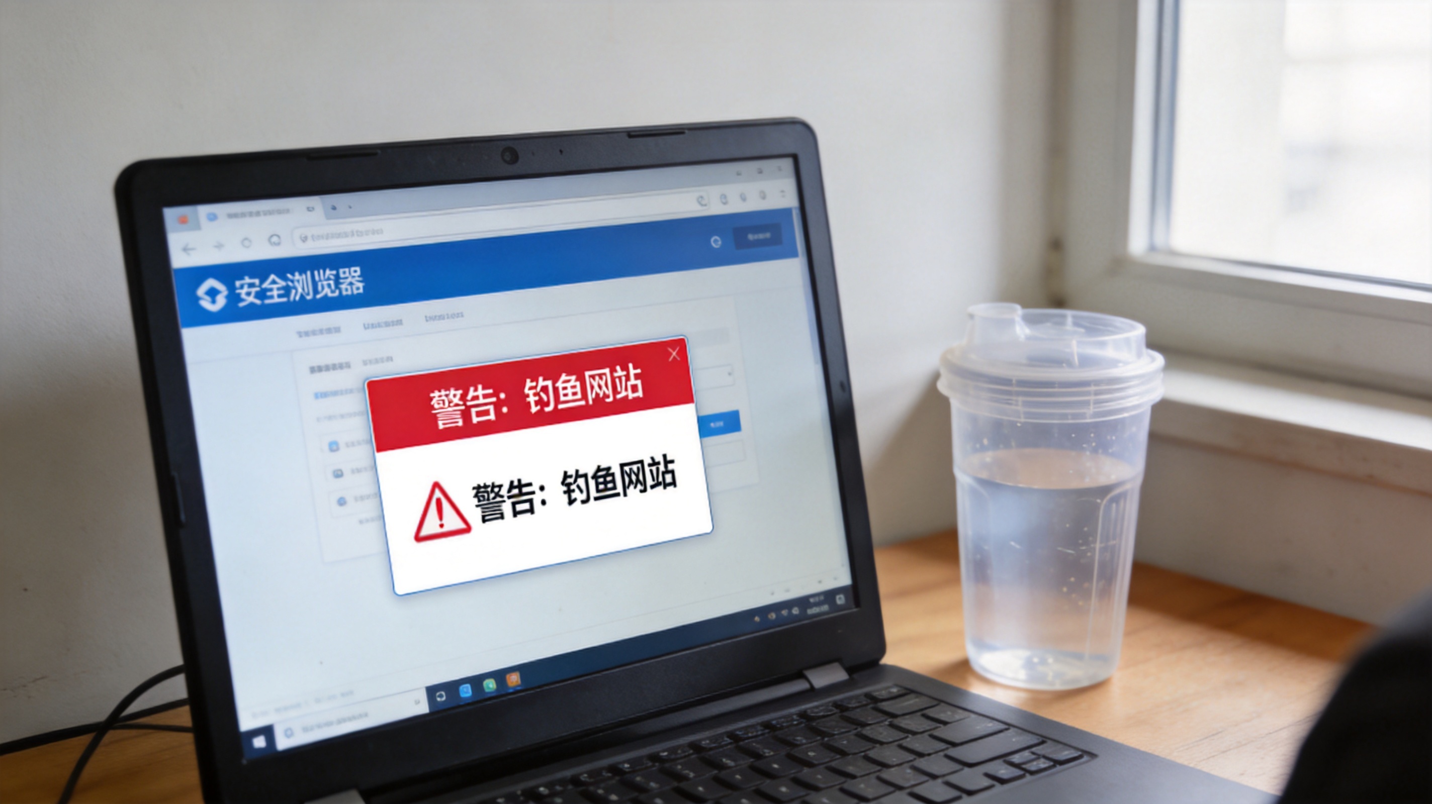电脑桌面，屏幕显示安全浏览器界面，页面弹出红色钓鱼网站警示框，旁边放着半透明塑料水杯，室内自然光