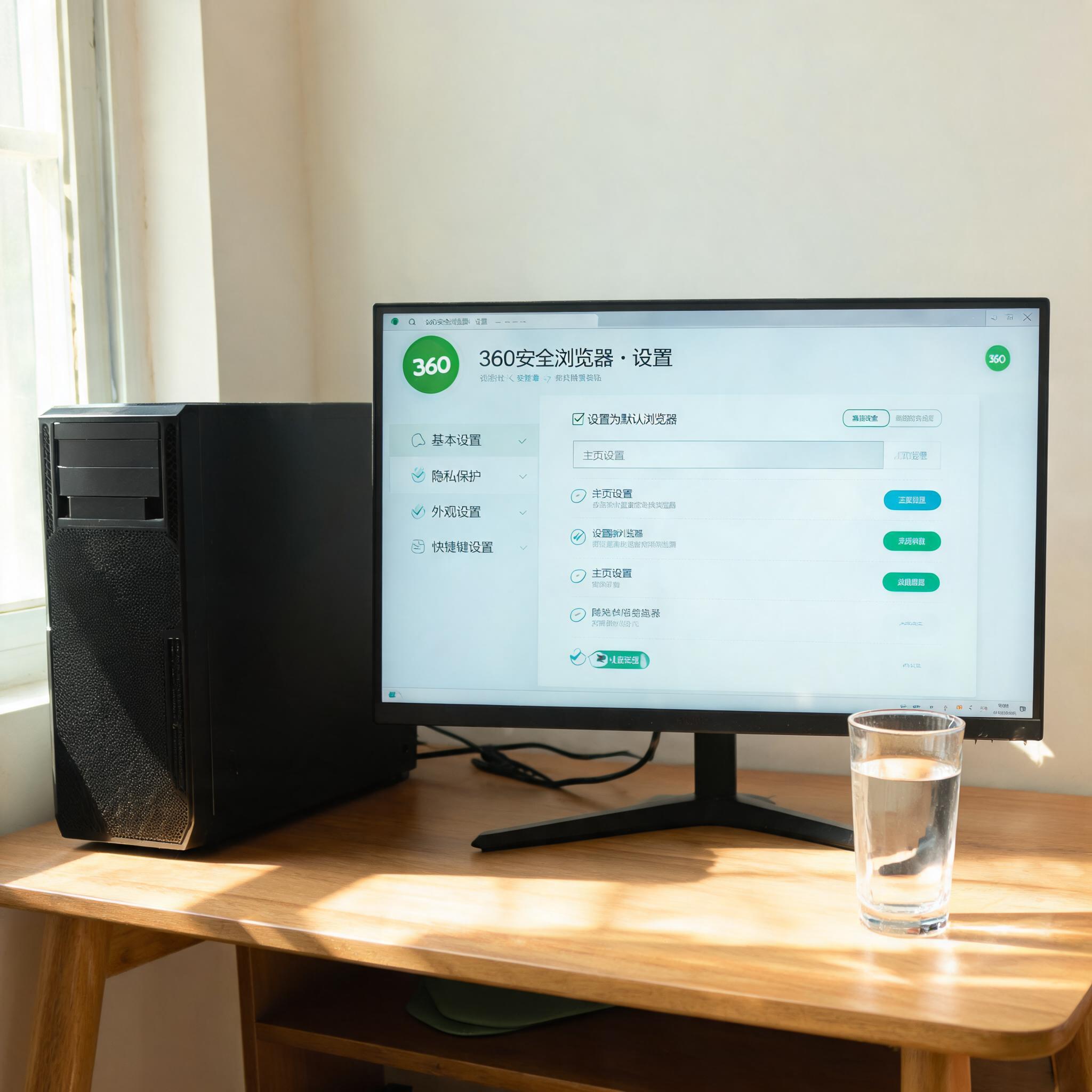 书桌上的主机，屏幕显示360 安全浏览器电脑版设置界面，桌角放着水杯，自然光
