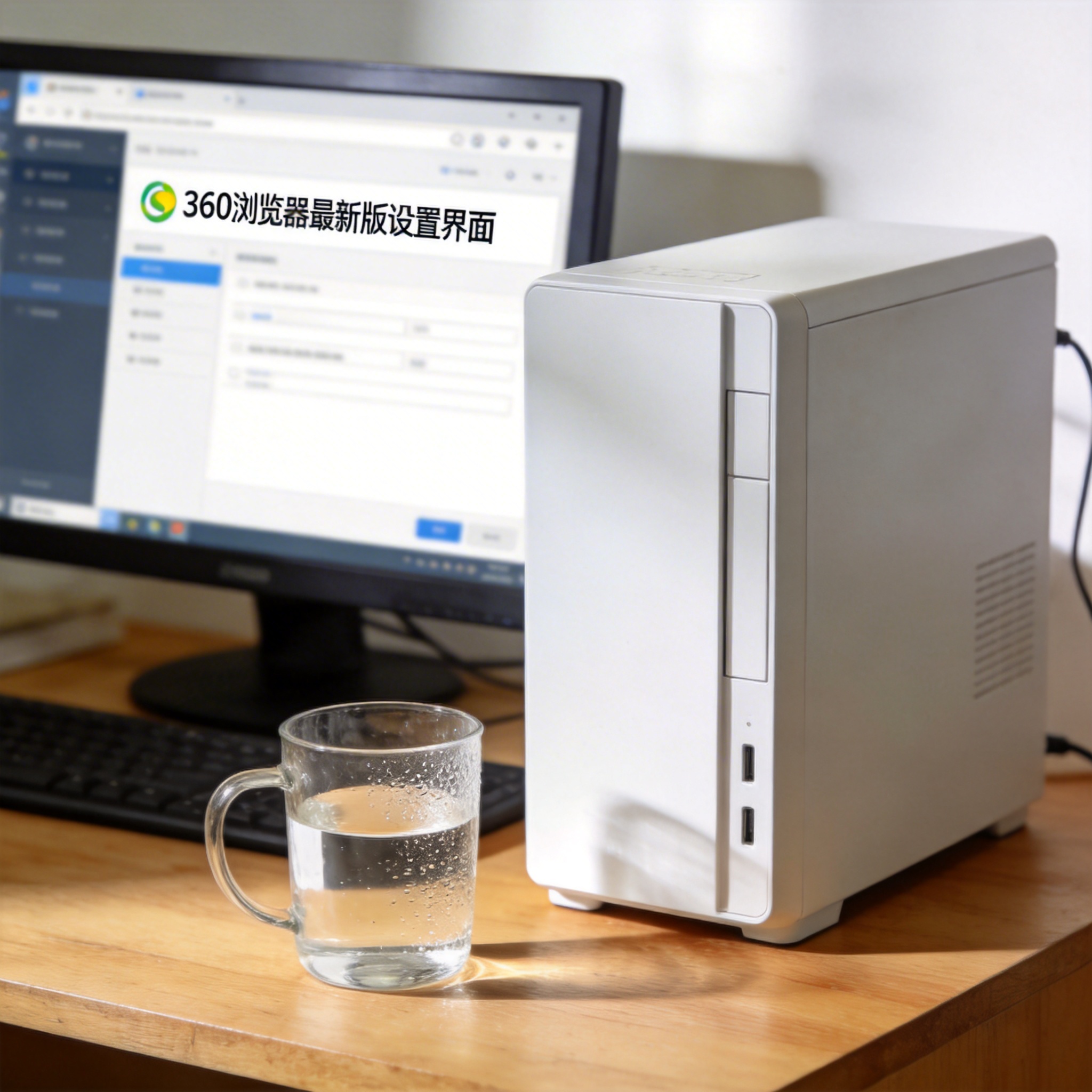 书桌上的主机，屏幕显示360 浏览器最新版设置界面，桌角放着水杯，自然光