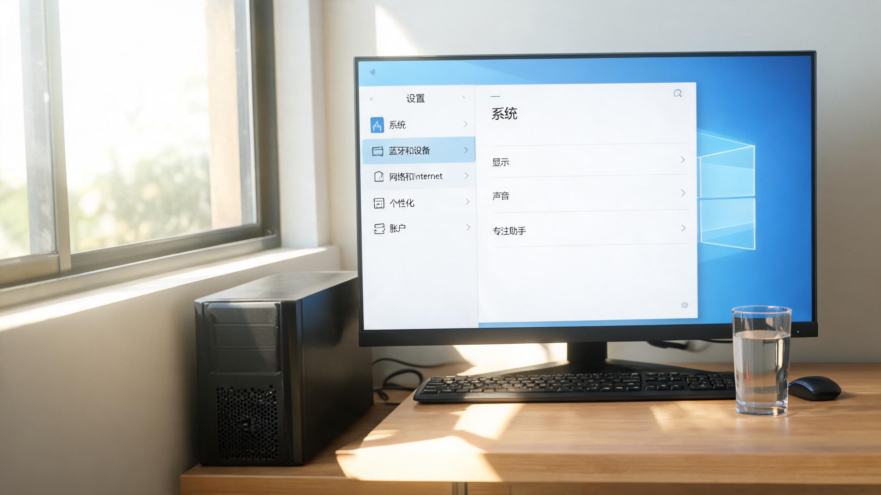 书桌上的主机，屏幕显示Windows设置界面，桌角放着水杯，自然光