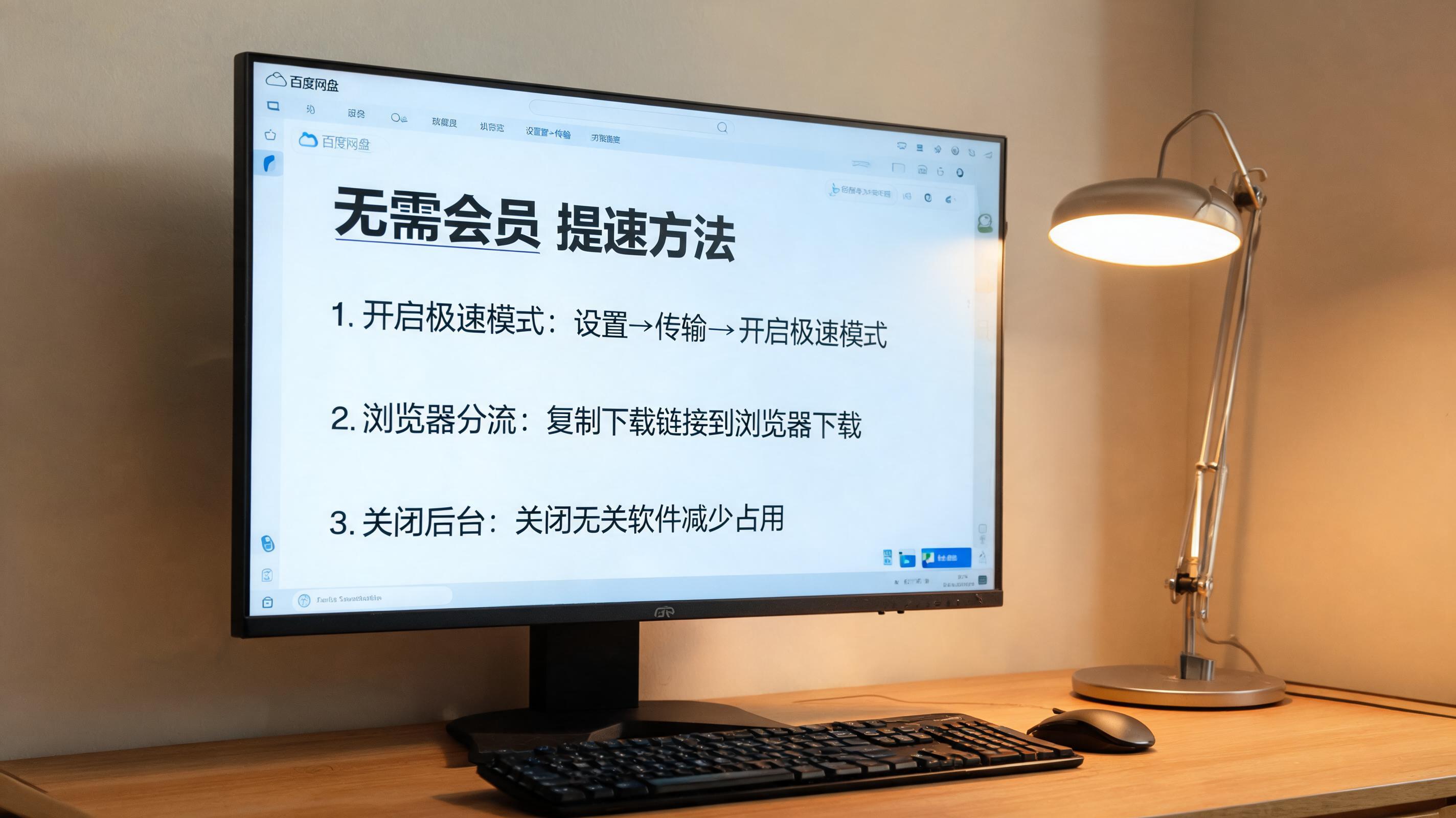 电脑桌上的电脑，屏幕显示百度网盘提速方法无需会员界面，旁边放着台灯