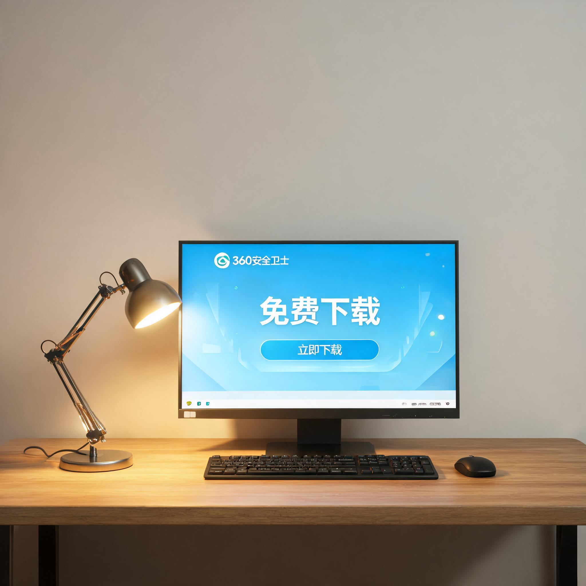 电脑桌上的电脑，屏幕显示360 安全卫士免费下载界面，旁边放着台灯