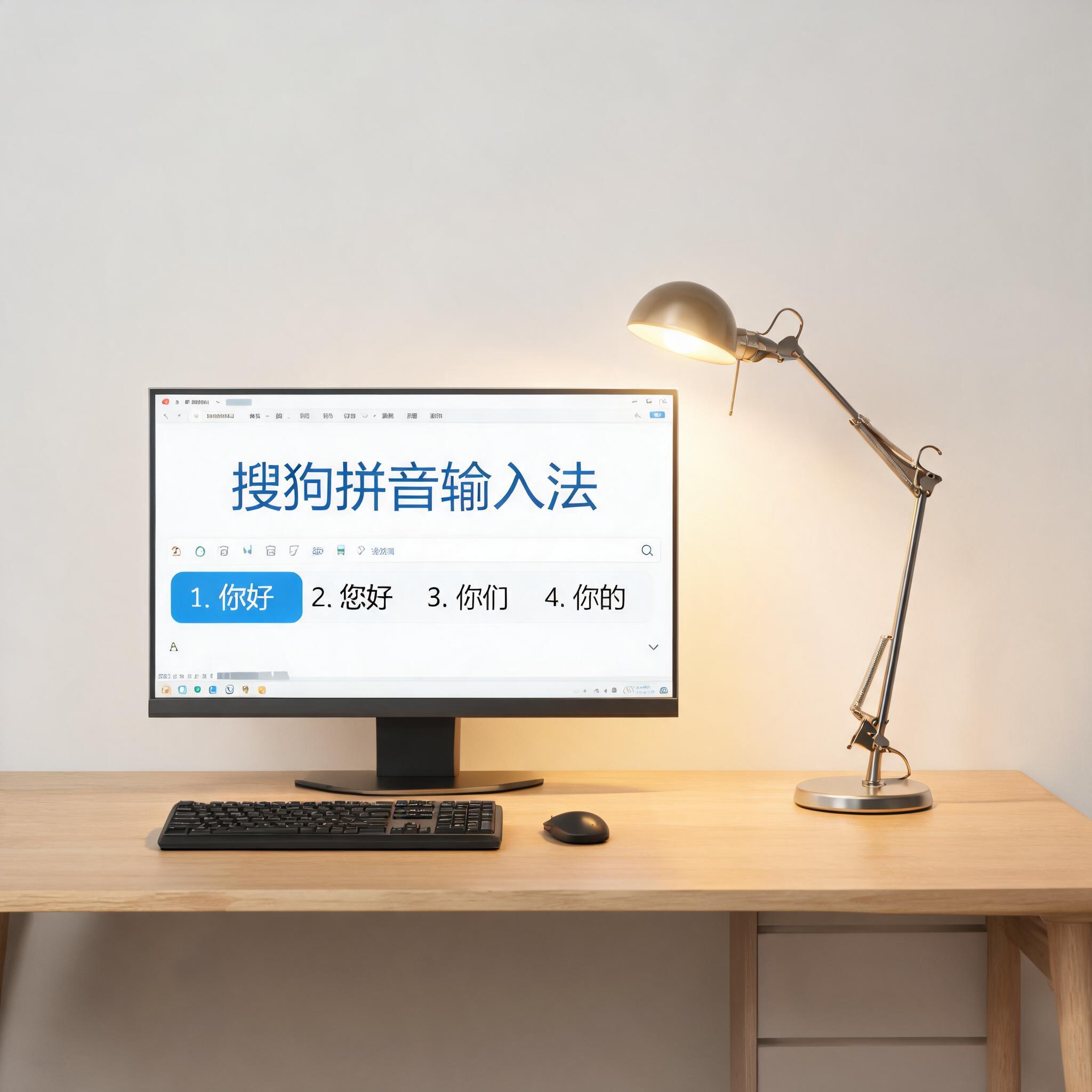 电脑桌上的电脑，屏幕显示搜狗拼音界面，旁边放着台灯
