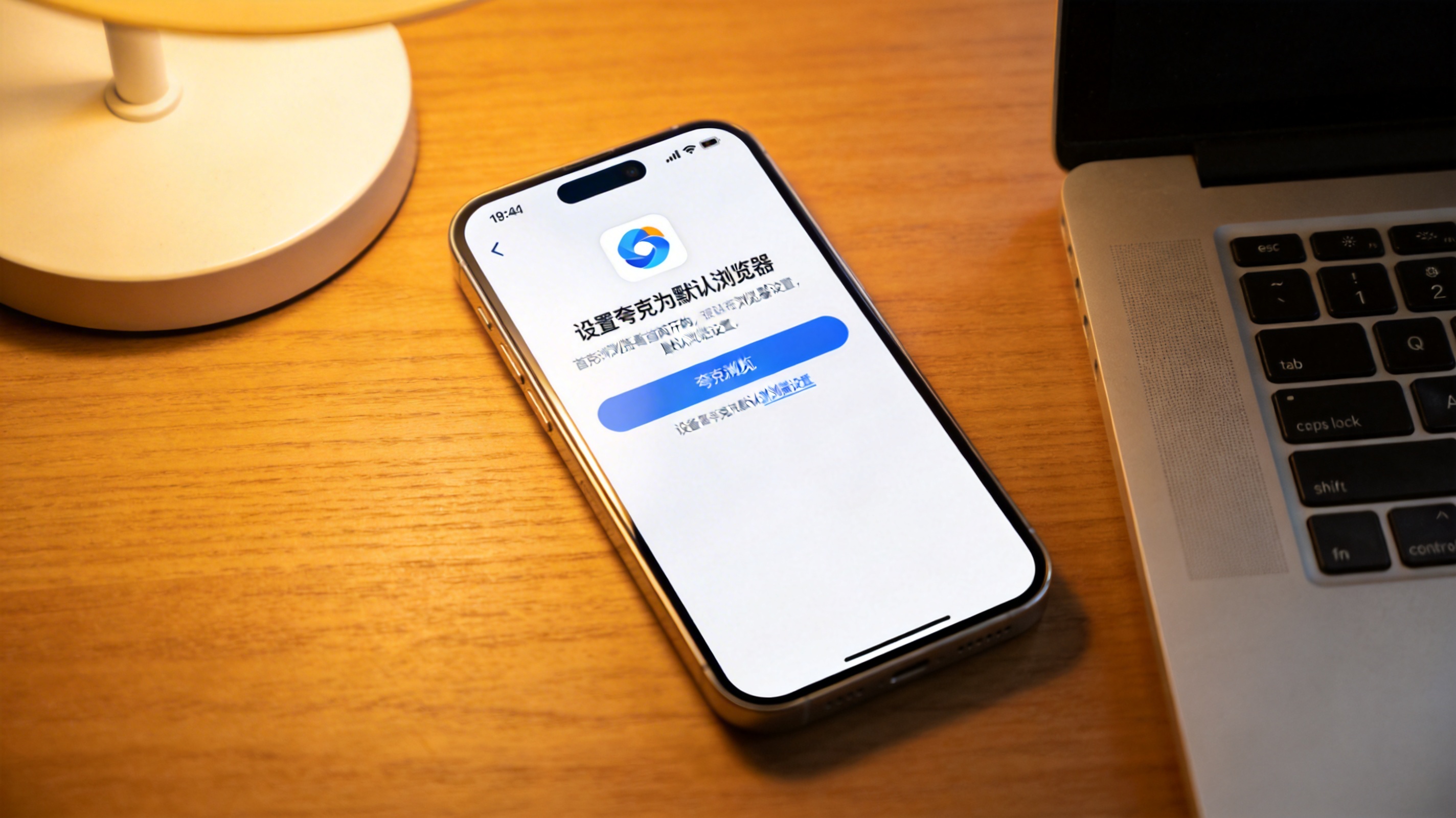 电脑桌面的苹果iPhone，屏幕显示夸克浏览器首次打开的默认浏览器设置界面，台灯暖光