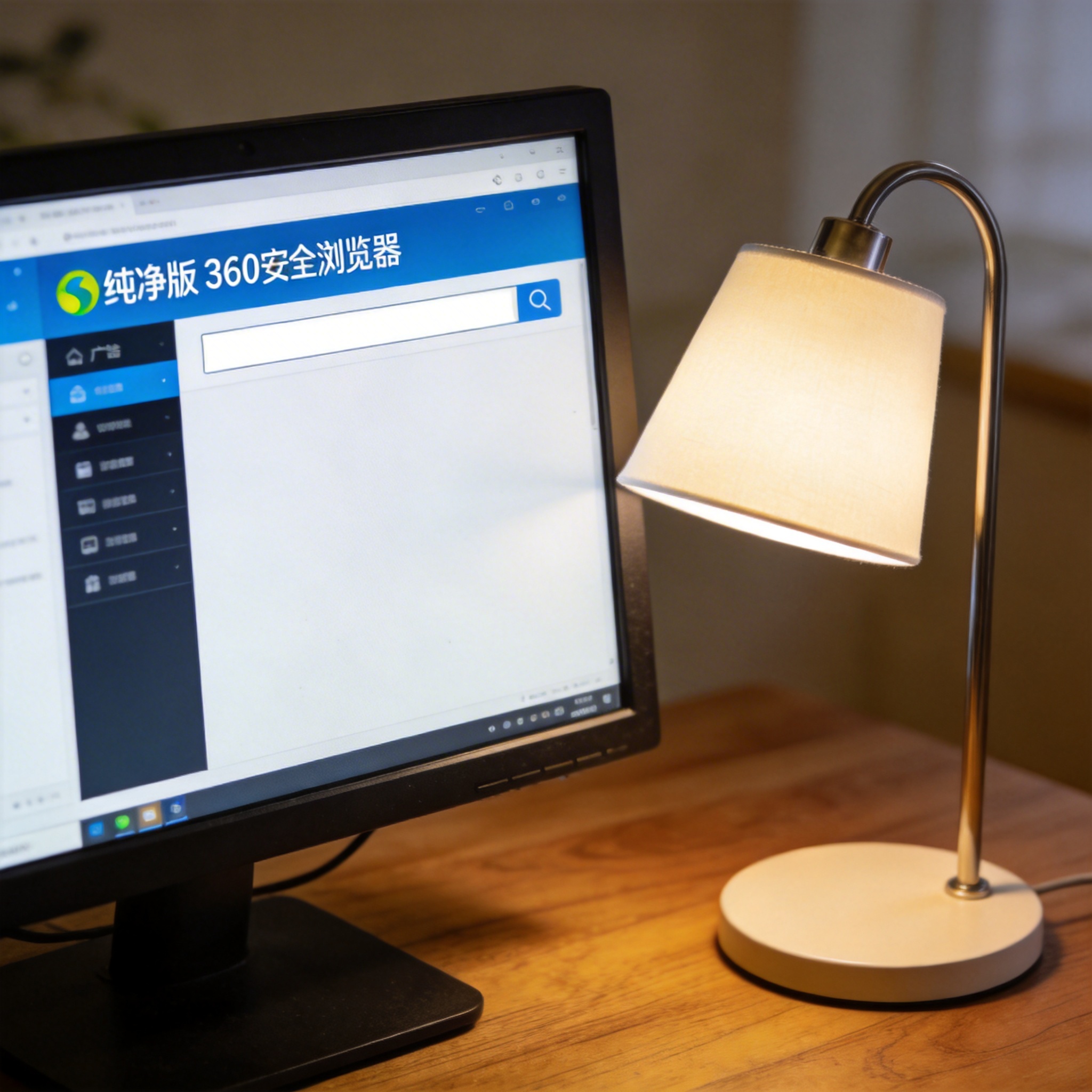电脑桌上的电脑，屏幕显示纯净版 360 安全浏览器界面，旁边放着台灯