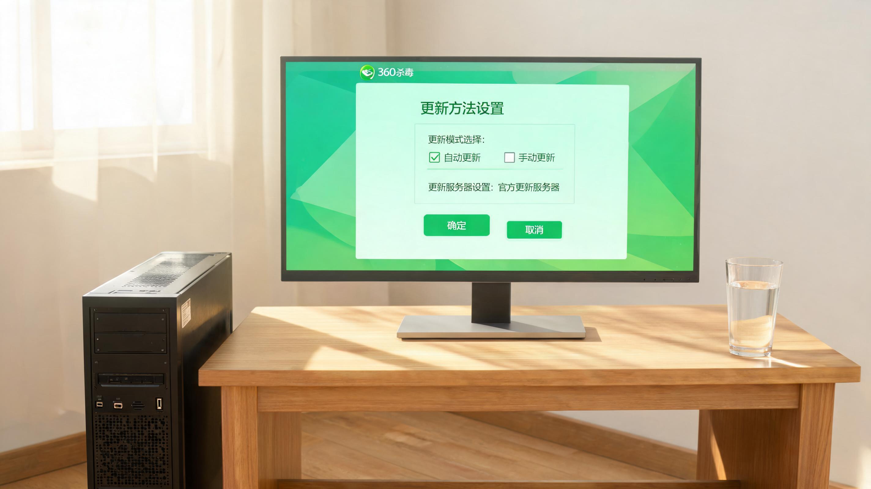 书桌上的主机，屏幕显示360 杀毒软件更新方法设置界面，桌角放着水杯，自然光
