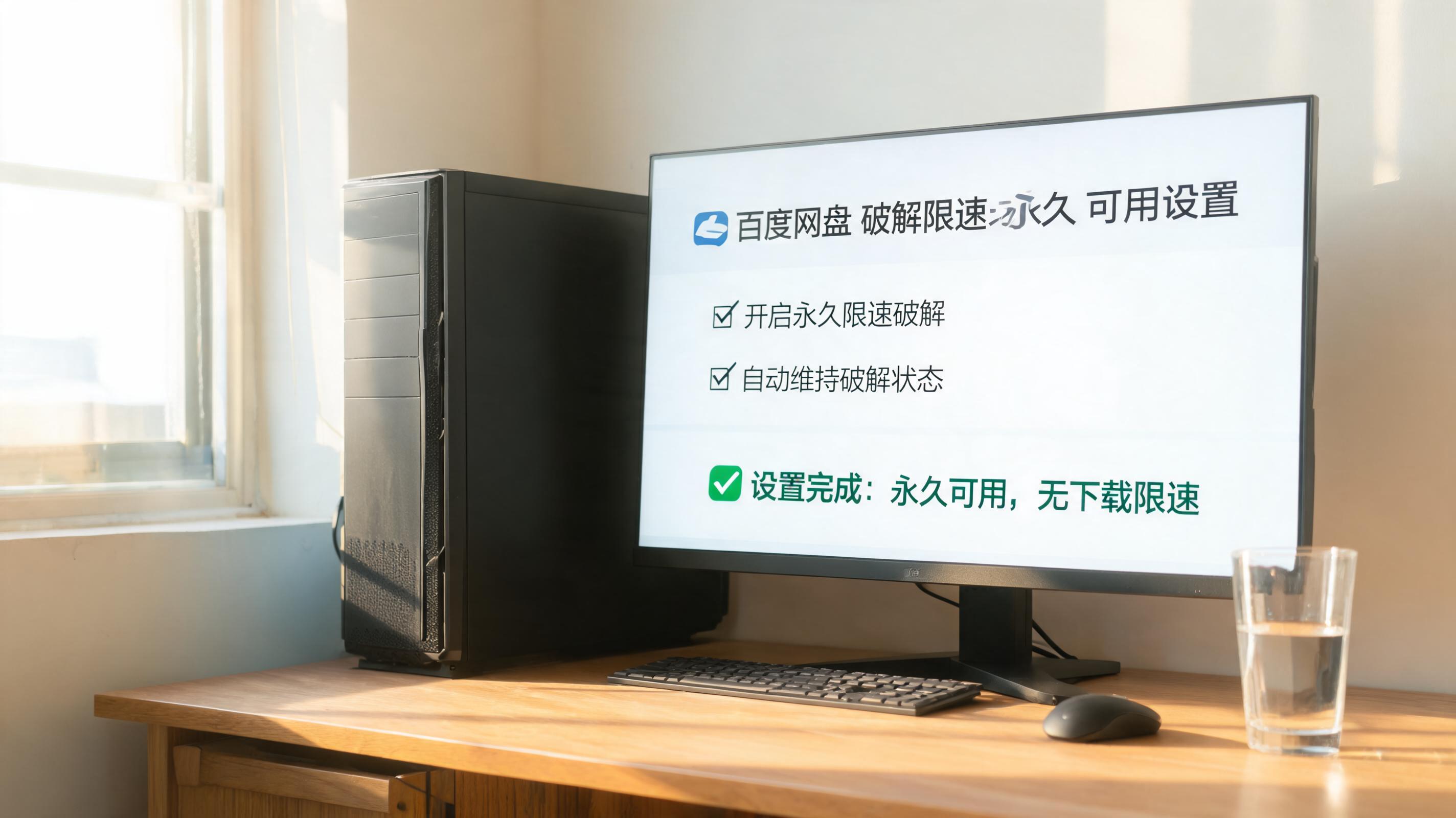 书桌上的主机，屏幕显示百度网盘破解限速永久可用设置界面，桌角放着水杯，自然光