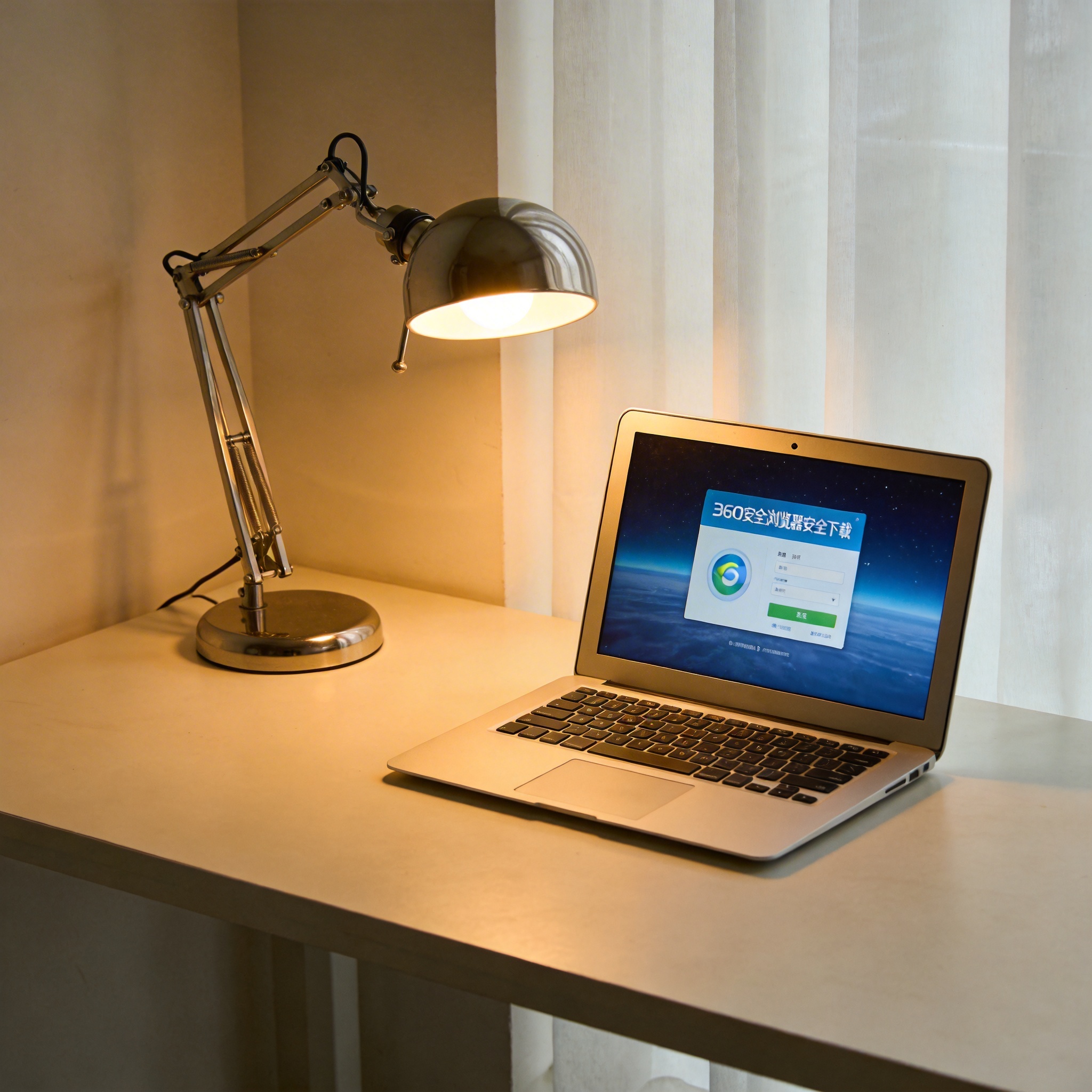 电脑桌上的电脑，屏幕显示360 安全浏览器安全下载界面，旁边放着台灯