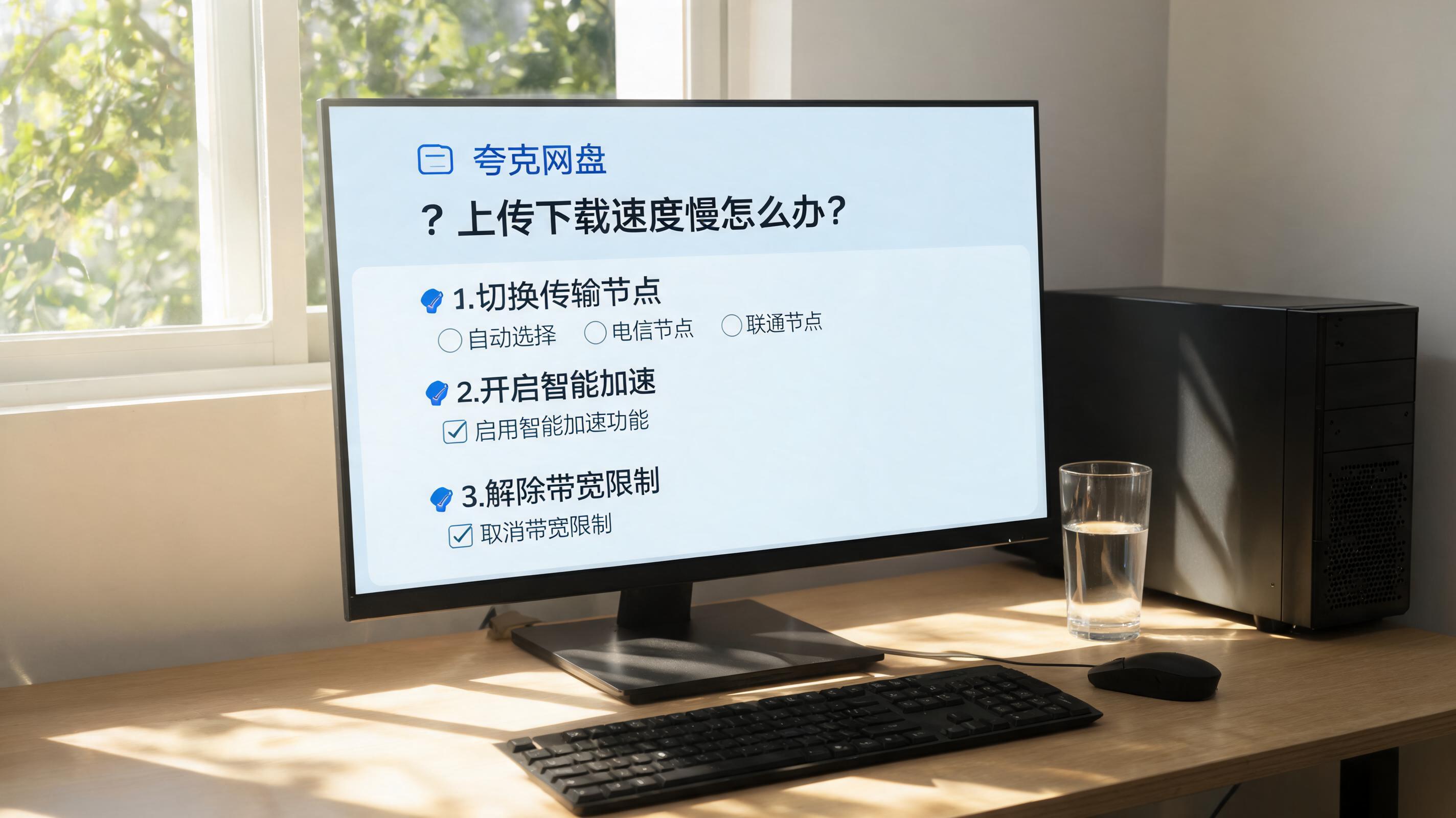 书桌上的主机，屏幕显示夸克网盘上传下载速度慢怎么办设置界面，桌角放着水杯，自然光
