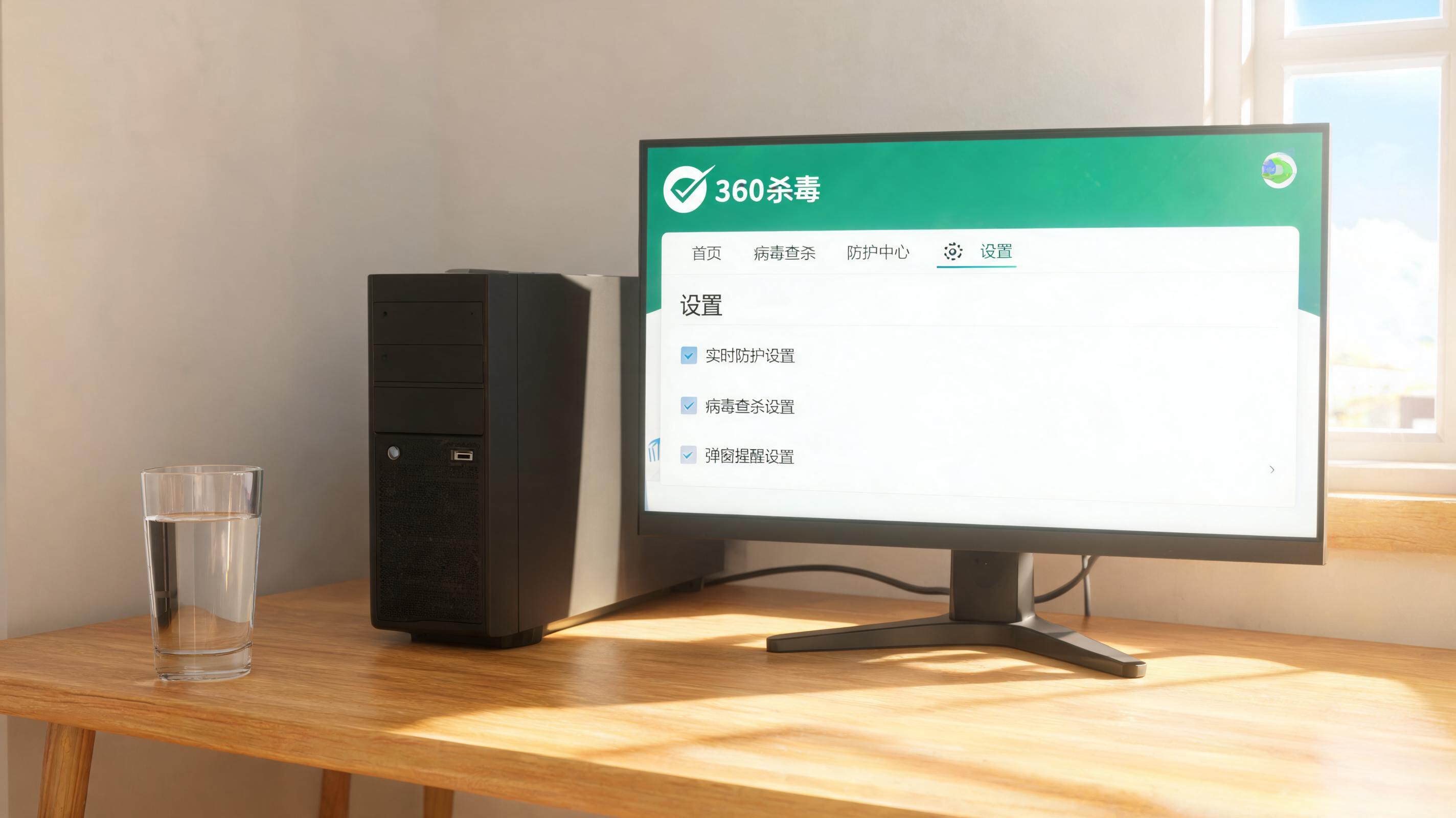 书桌上的主机，屏幕显示360 杀毒电脑客户端设置界面，桌角放着水杯，自然光
