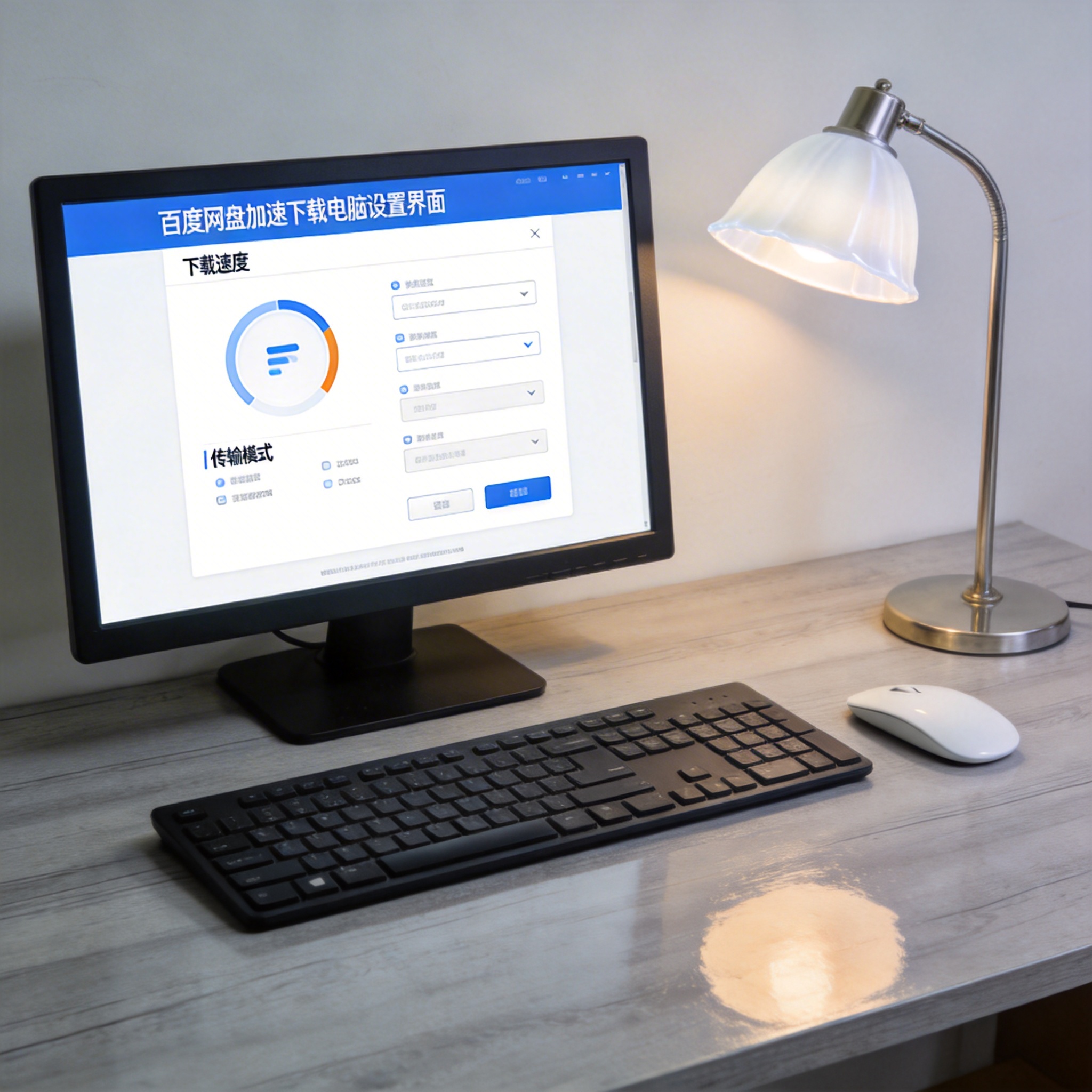 电脑桌上的电脑，屏幕显示百度网盘加速下载电脑设置界面，旁边放着台灯