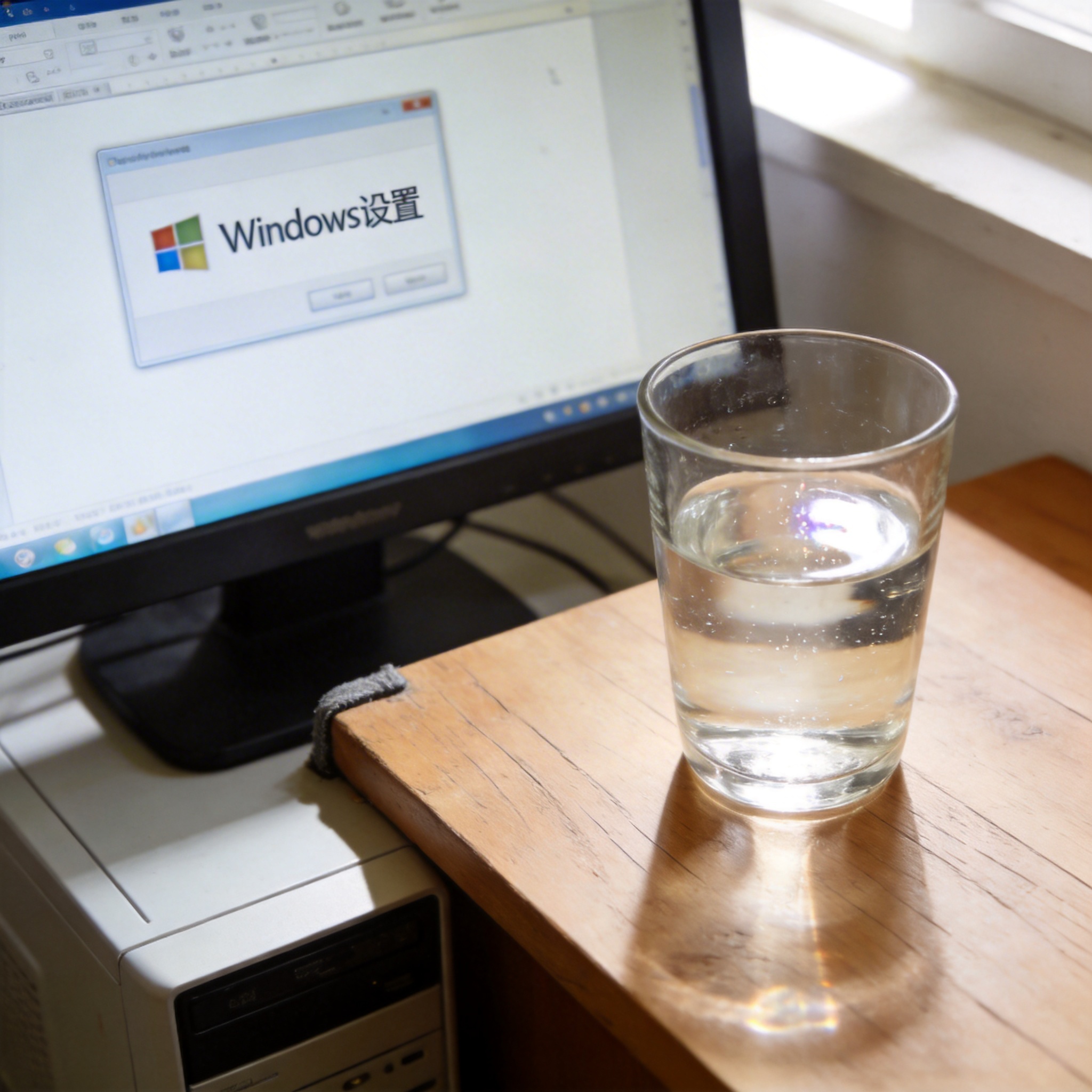 书桌上的主机，屏幕显示Windows设置界面，桌角放着水杯，自然光