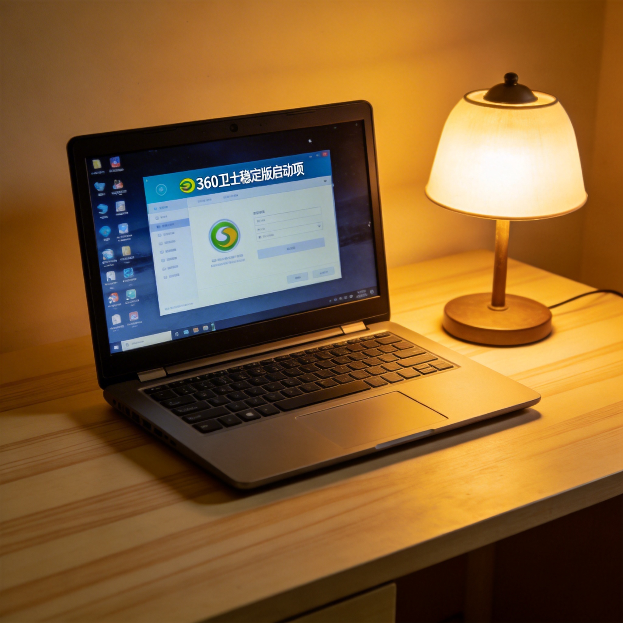 电脑桌上的电脑，屏幕显示360 卫士稳定版启动项，旁边放着台灯
