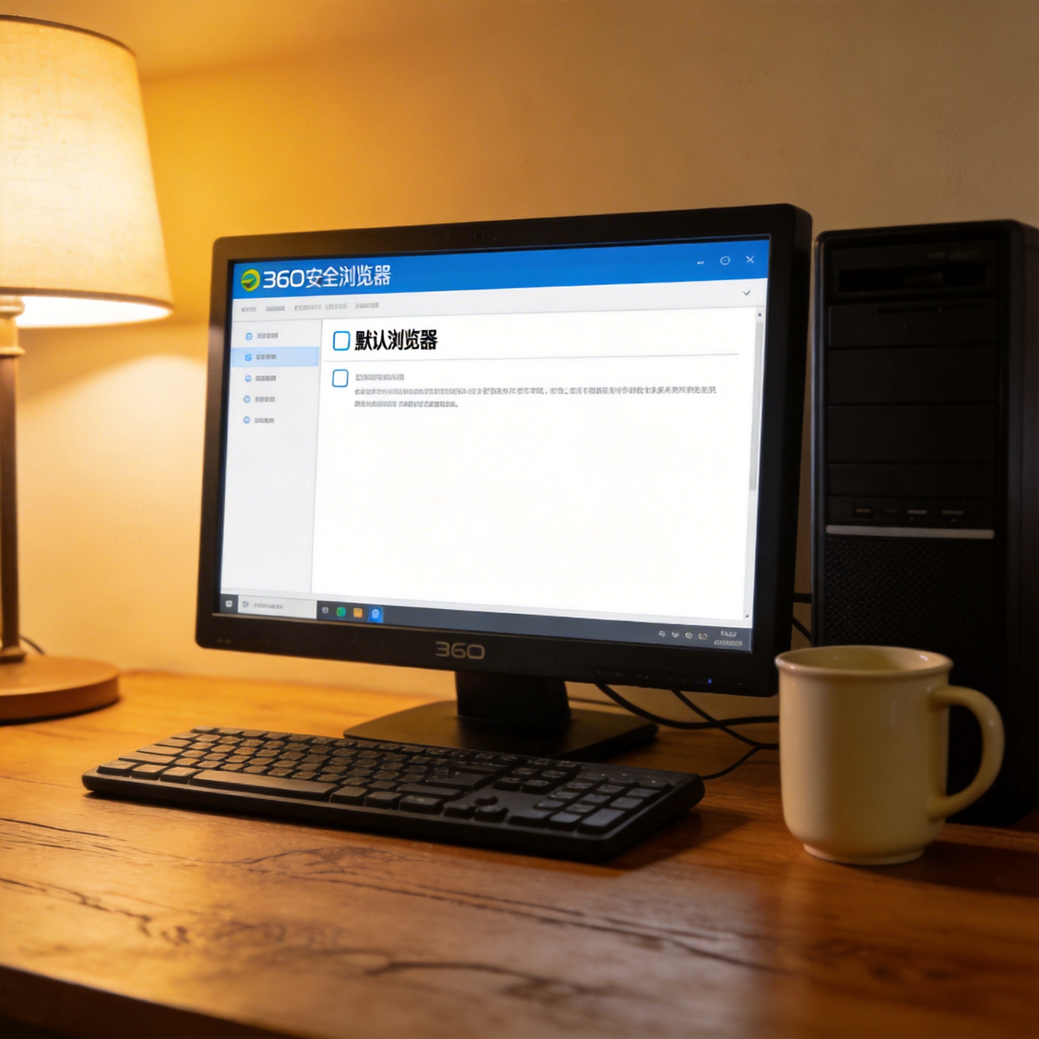 电脑桌前的台式机，屏幕显示360安全浏览器的设置页面，默认浏览器选项已勾选，旁边放着陶瓷水杯，台灯暖光