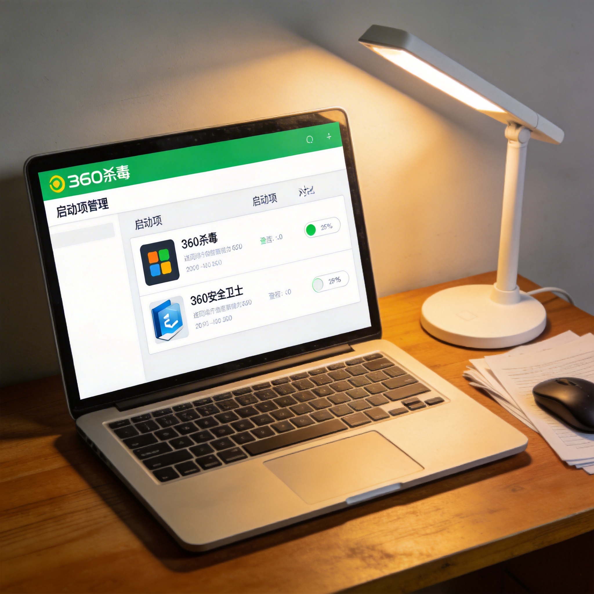 电脑桌上的电脑，屏幕显示360 杀毒和 360 安全卫士区别启动项，旁边放着台灯