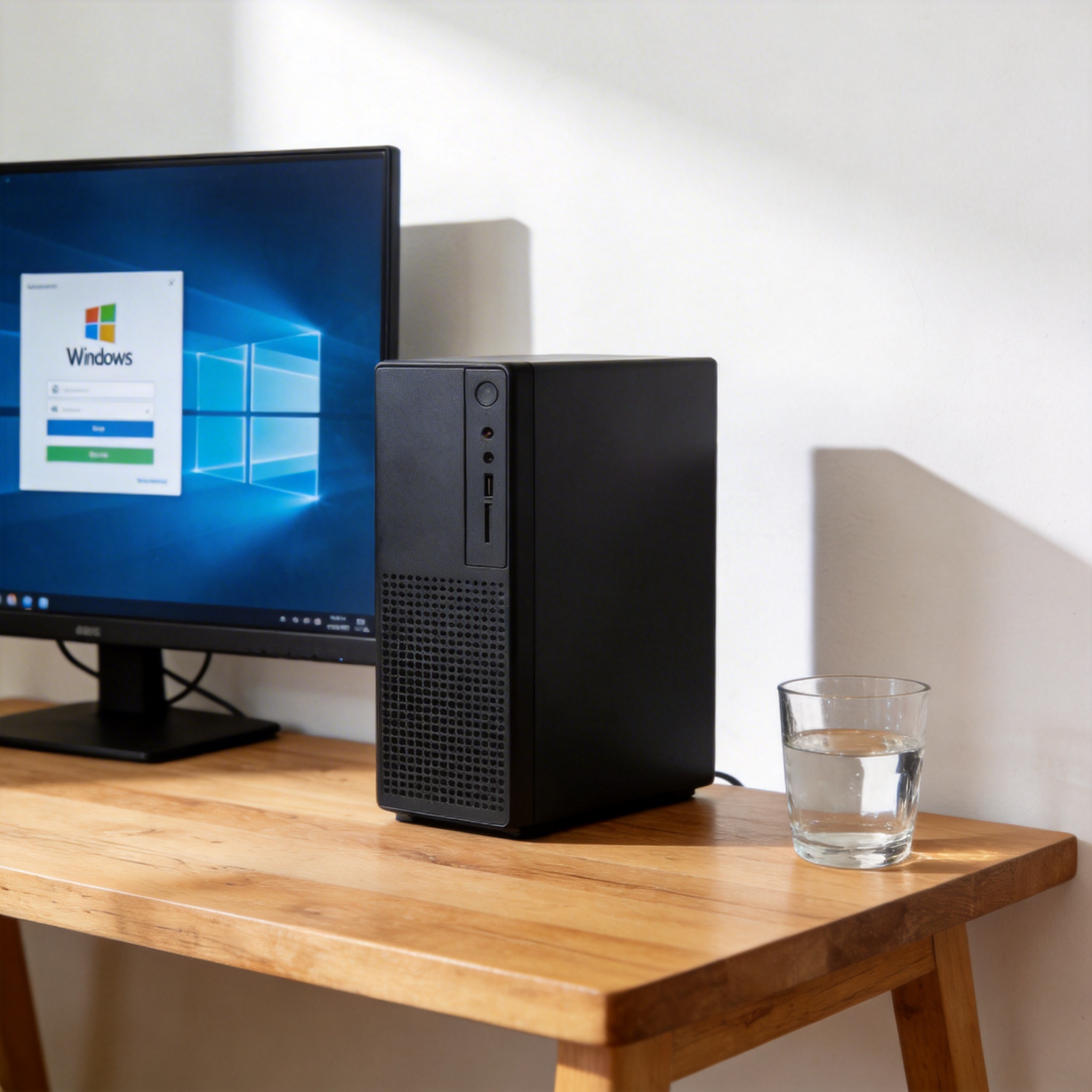 书桌上的主机，屏幕显示Windows设置界面，桌角放着水杯，自然光