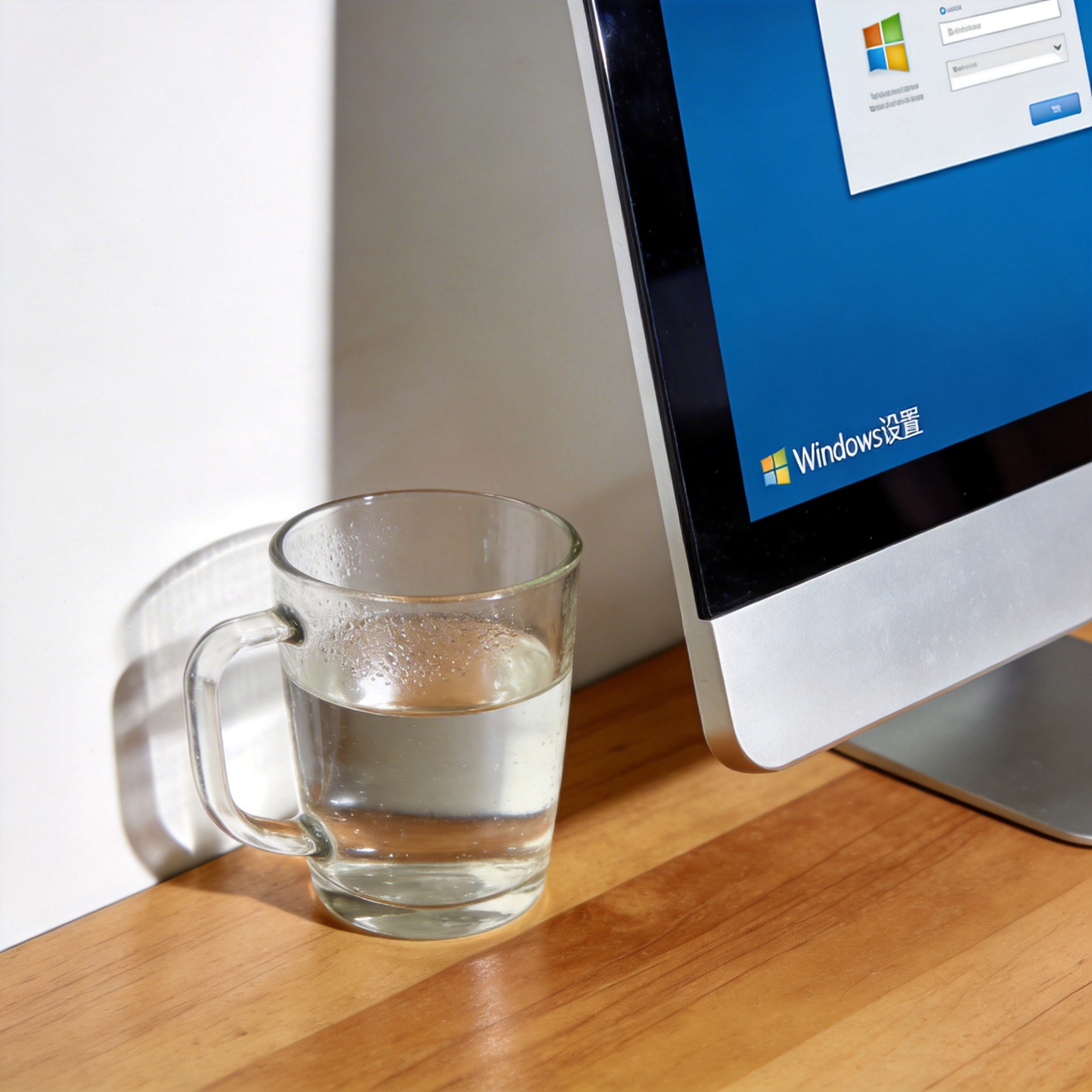 书桌上的电脑，屏幕显示Windows设置界面，桌角放着水杯，自然光